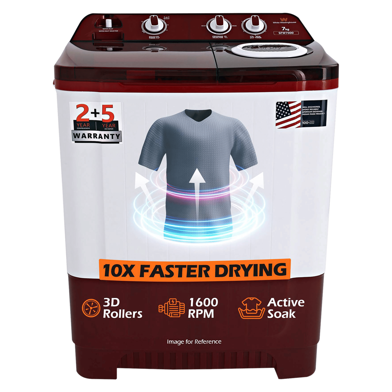White Westinghouse 7 kg Semi Automatic Washing Machine with Pulsator Washing Technique (SFW7000, Burgundy)