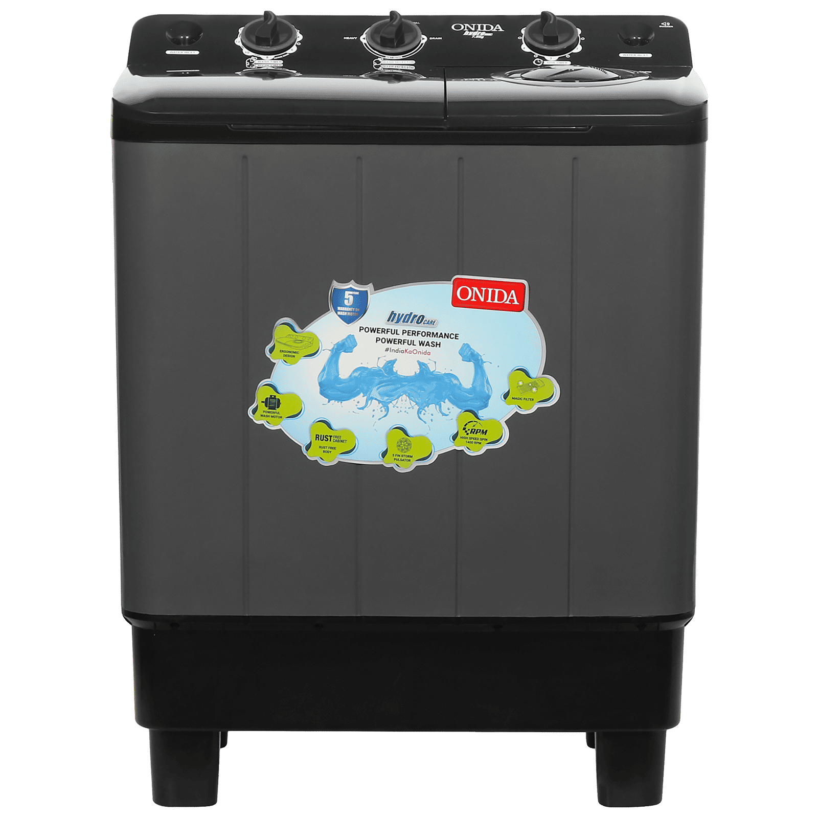 ONIDA 7 kg Semi-Automatic Top Load Washing Machine (S70GR, 5 Spin Storm Pulsator, Black & Grey)