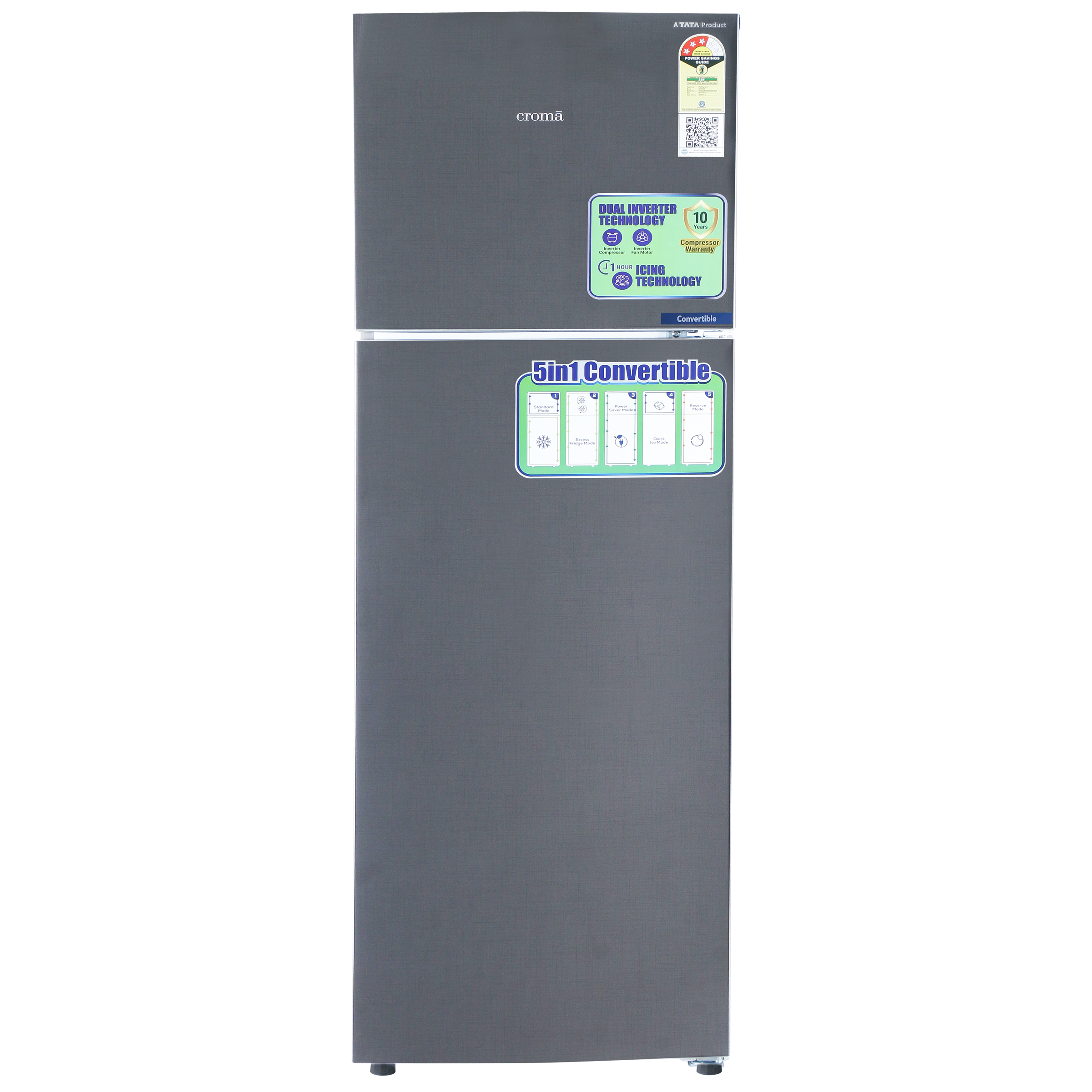 Croma 240 Litres 3 Star Frost Free Double Door Convertible Refrigerator with Dual Inverter Technology (CRLR240FID008951, Criss Cross Metallic Grey)