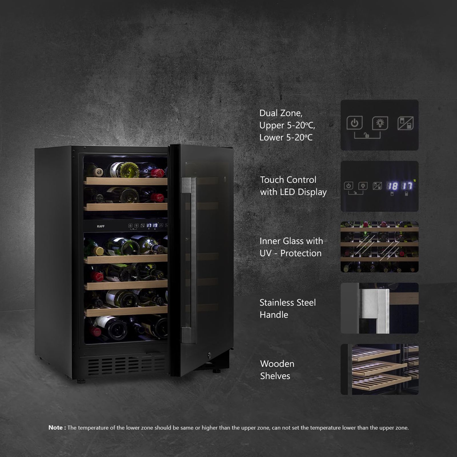 KAFF 135 Litres 46 Bottles Wine Cooler (Inner Glass with UV Protection, WC  135 DZ, Black)