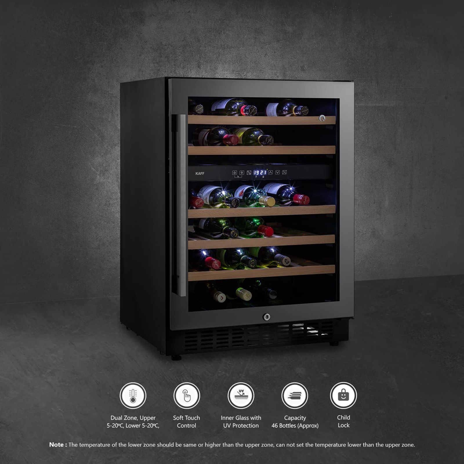 KAFF 135 Litres 46 Bottles Wine Cooler (Inner Glass with UV Protection, WC  135 DZ, Black)