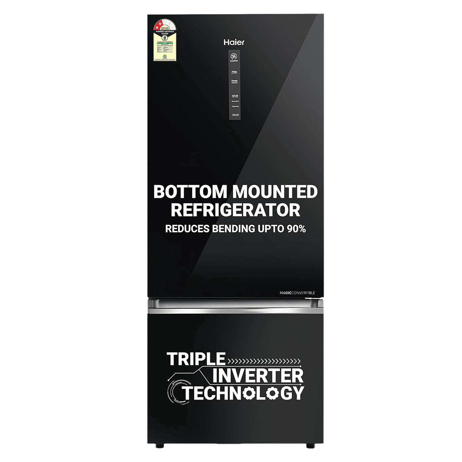 Haier 445 Litres 2 Star Frost Free Double Door Bottom Mount Convertible Refrigerator with Triple Inverter Technology (HRB-4952CKG-P, Black Glass)