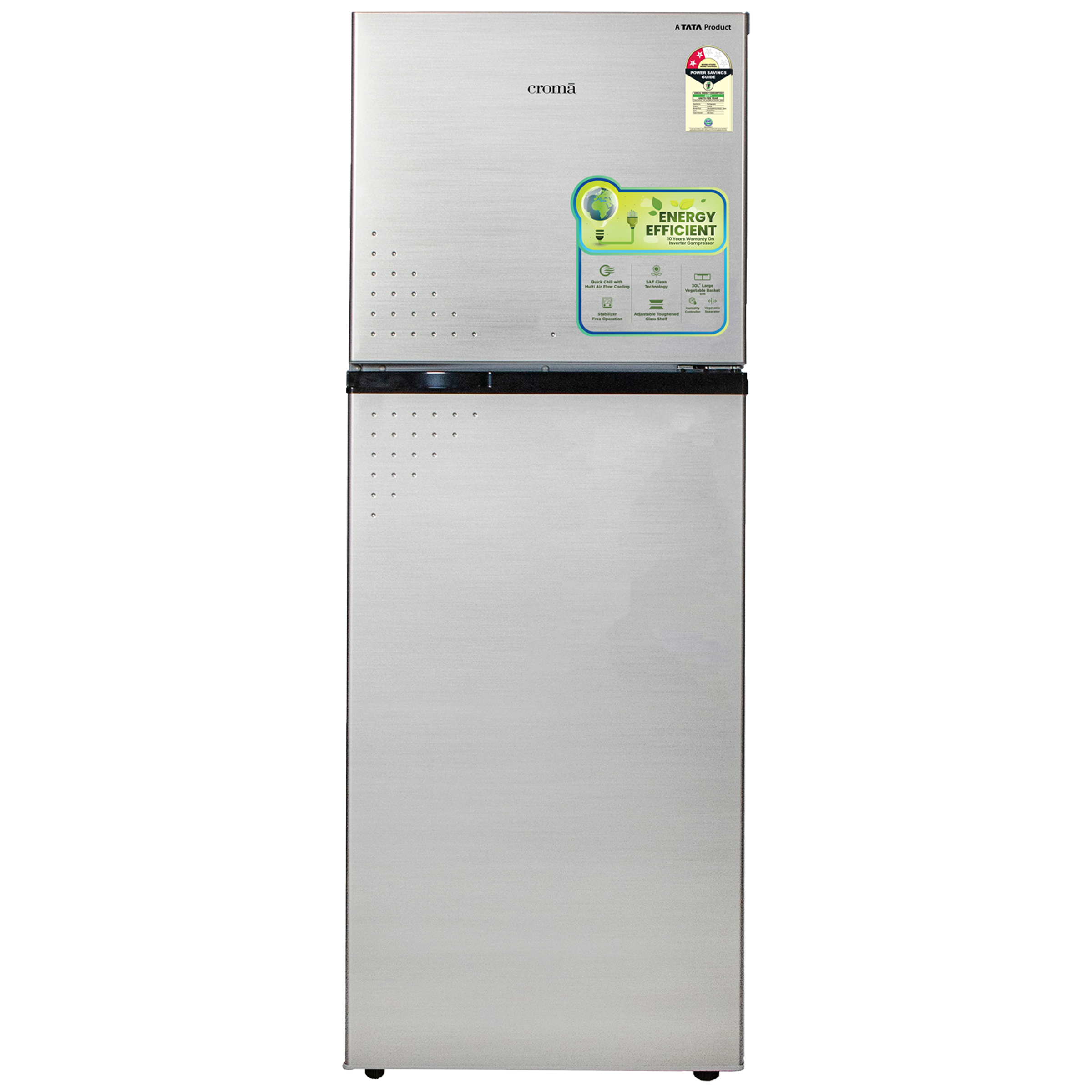 Croma 256 Litres 2 Star Frost Free Double Door Refrigerator with Inverter Technology ( Shining Silver)