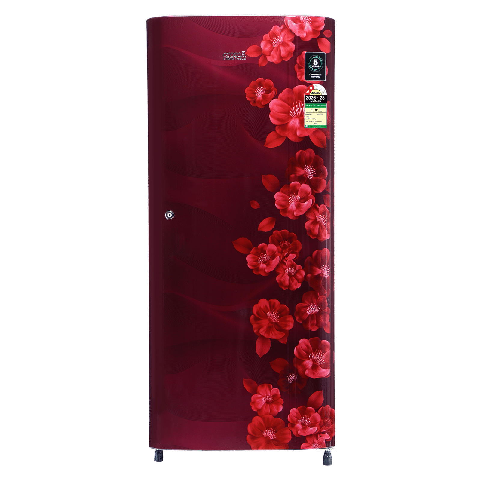 Croma 215 Litres 2 Star Direct Cool Single Door Refrigerator with Antibacterial Gasket (Floral Design, Sunlit Wine)