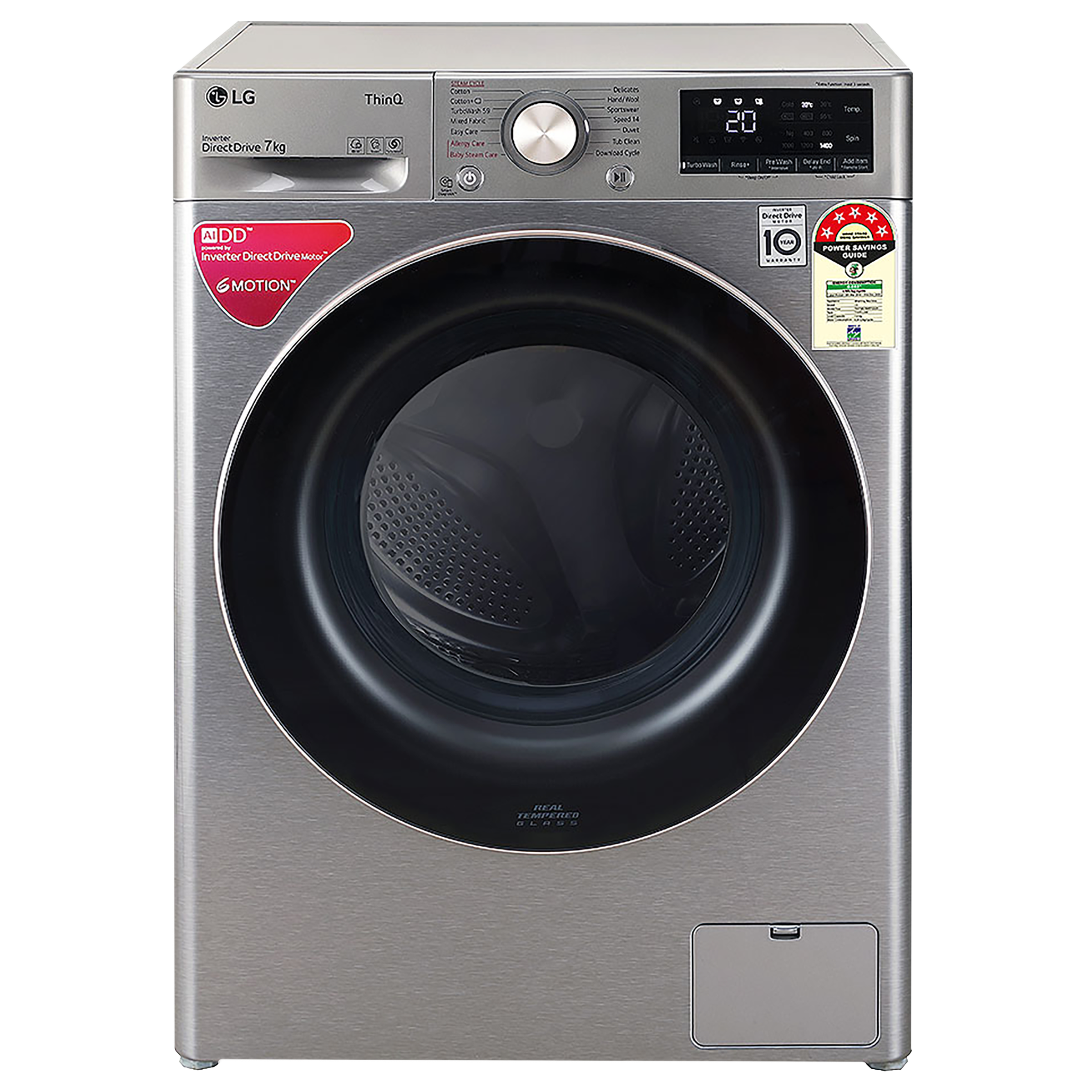 LG 7 kg 5 Star Inverter Fully Automatic Front Load Washing Machine (FHV1207BWP, In-Built Heater, Platinum Silver)