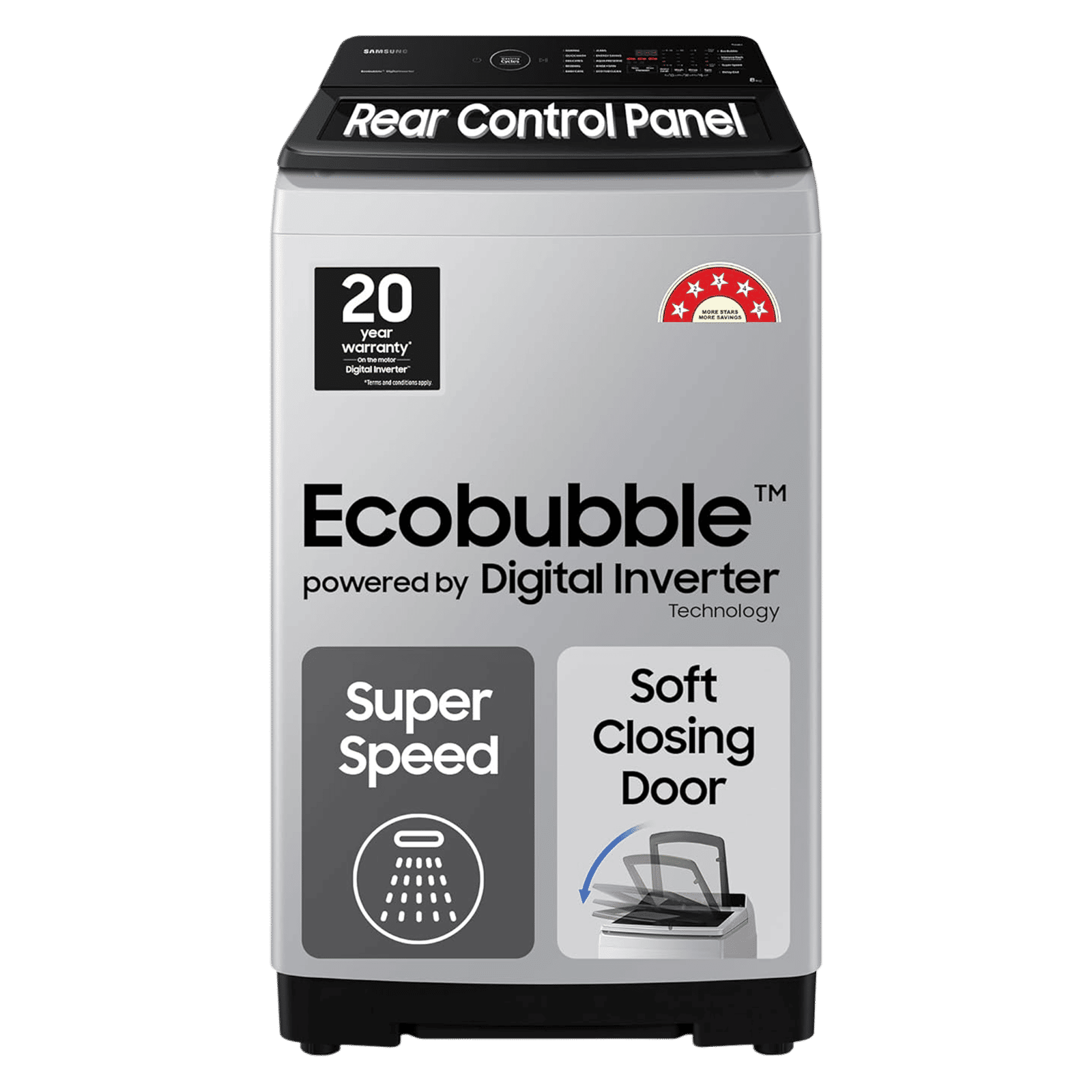 SAMSUNG 8 Kg 5 Star Inverter Fully Automatic Top Load Washing Machine (WA80BG4545BYTL, Ecobubble Technology, Lavender Grey)