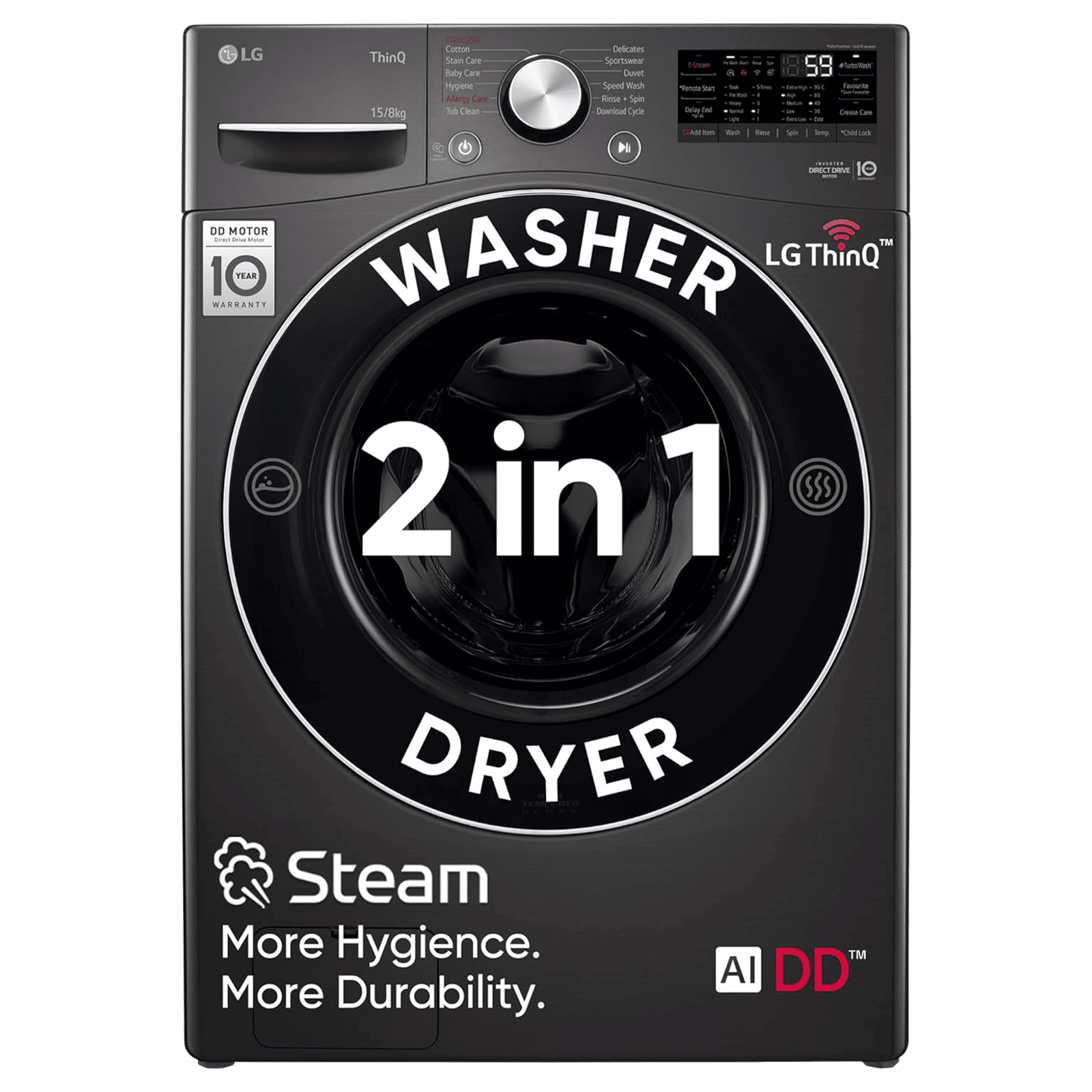 LG 15/8 kg 5 Star Fully Automatic Front Load Washer Dryer(FHD1508STB.ABLQEIL, AI Direct Drive, Black VCM)