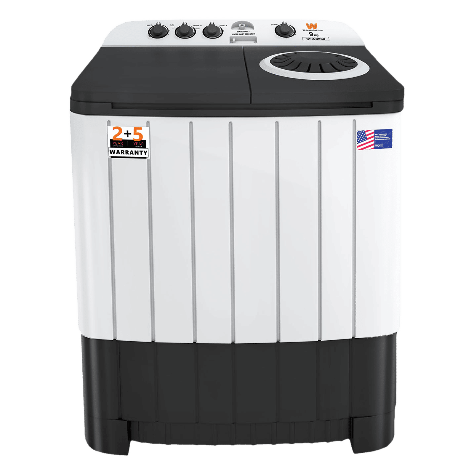 White Westinghouse 9 kg Semi Automatic Washing Machine with 3 Wash Programs (FlexyDry, SFW9000, White and Black)