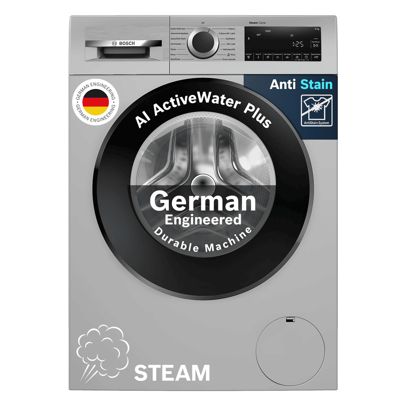 BOSCH 8 kg Fully Automatic Front Load Washing Machine (Series 6, WGA1320SIN, Auto Stain Removal, Silver)