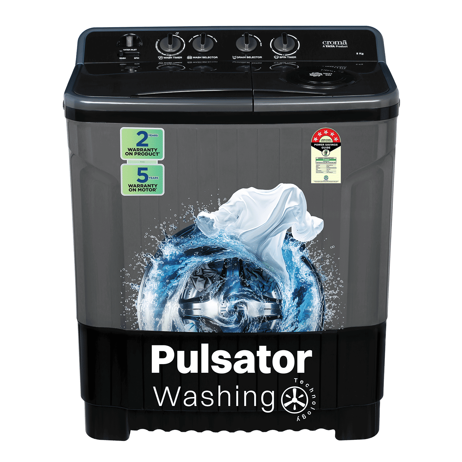 Croma 8 kg 5 Star Semi Automatic Washing Machine with Magic Filter (CRLW080SMF248602, Black)