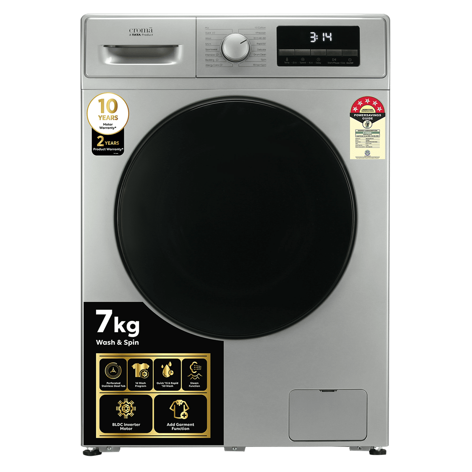 Croma 7 kg 5 Star Fully Automatic Front Load Washing Machine (CRLW070FLF316251, Silver Grey)