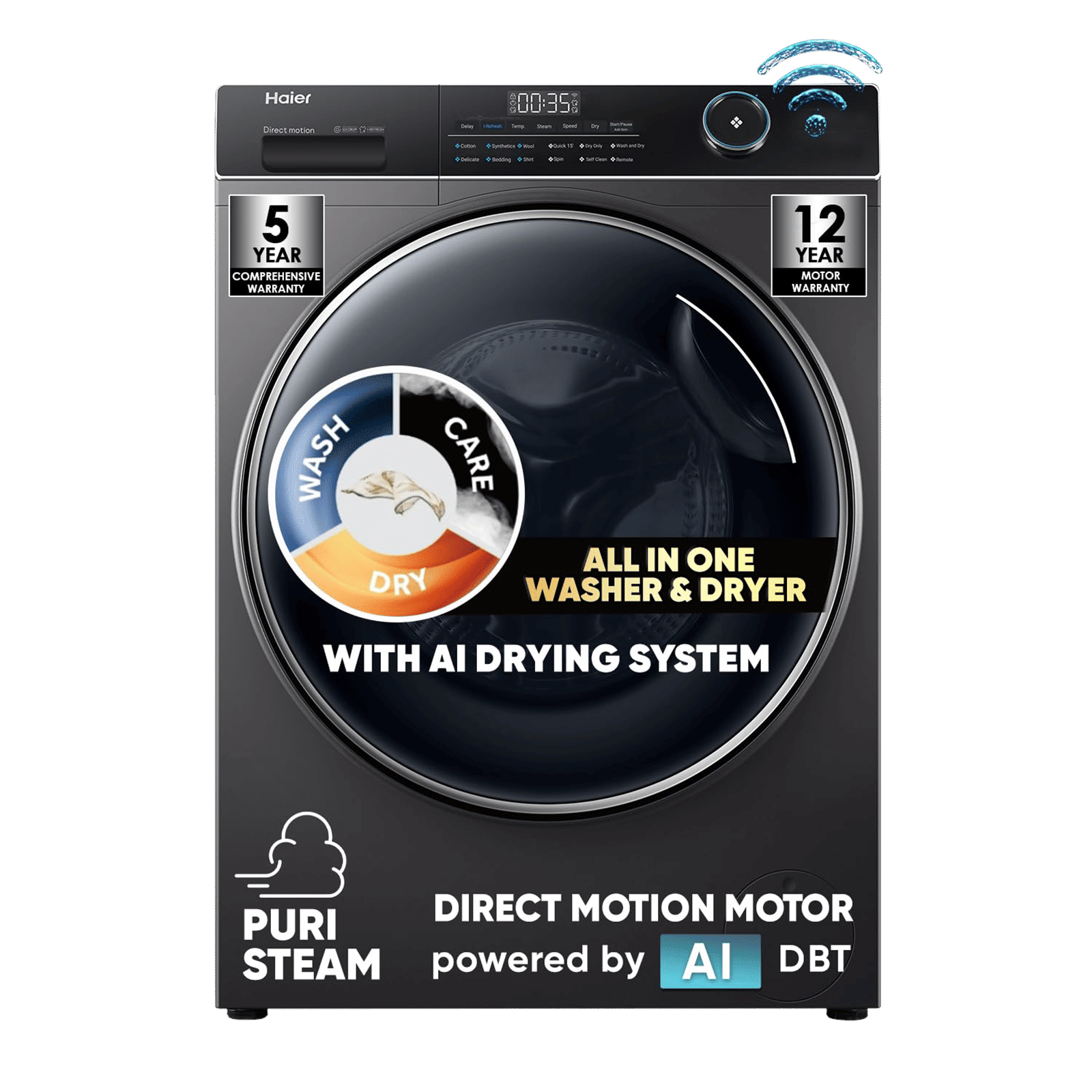 Haier 10.5 kg 5 Star Fully Automatic Front Load Washing Machine (HW105-B14959S8U1, Pillow Shape Drum, Dark Jade Silver)