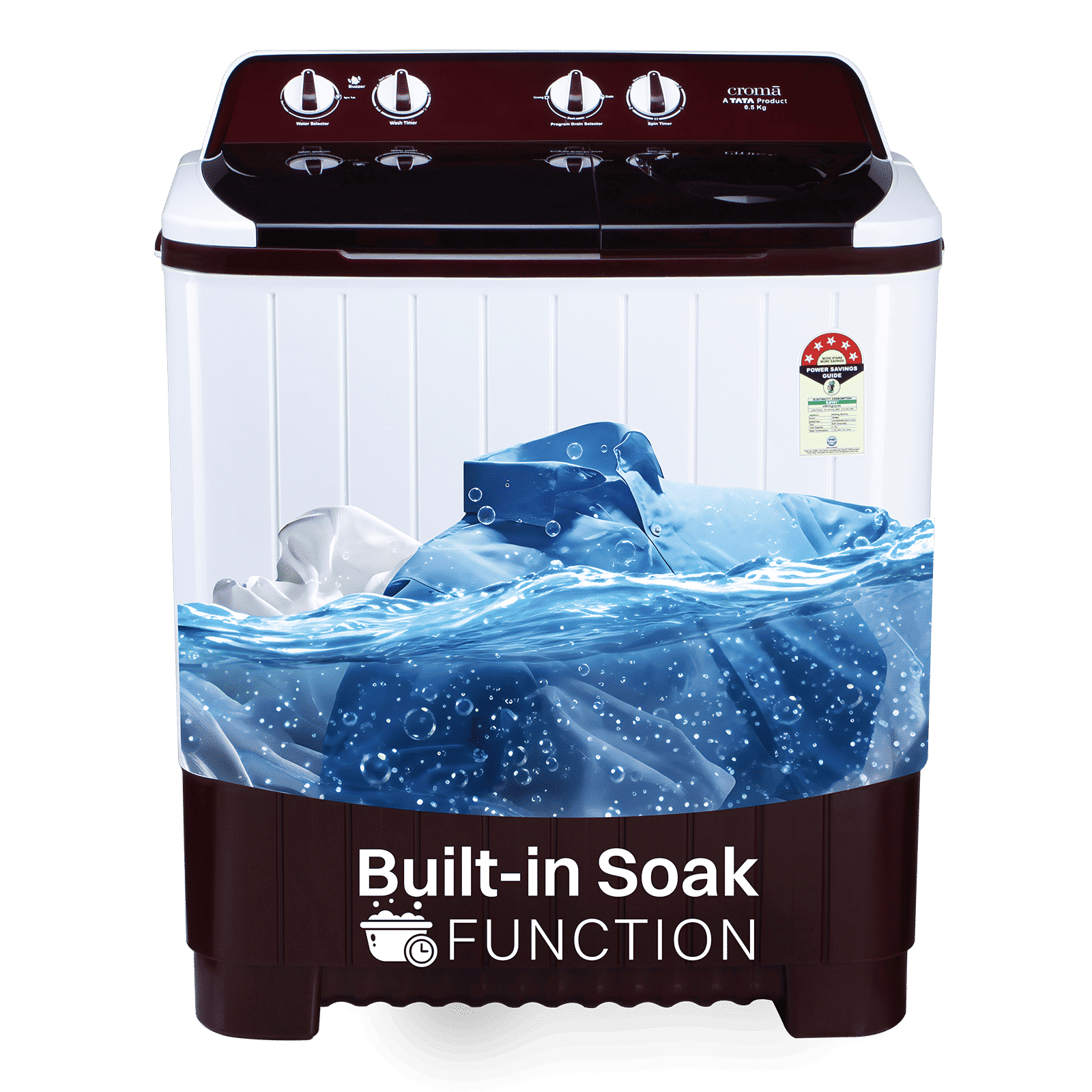 Croma 6.5 kg 5 Star Semi Automatic Washing Machine with Built-in Soak Function (2025 Model, Burgundy)
