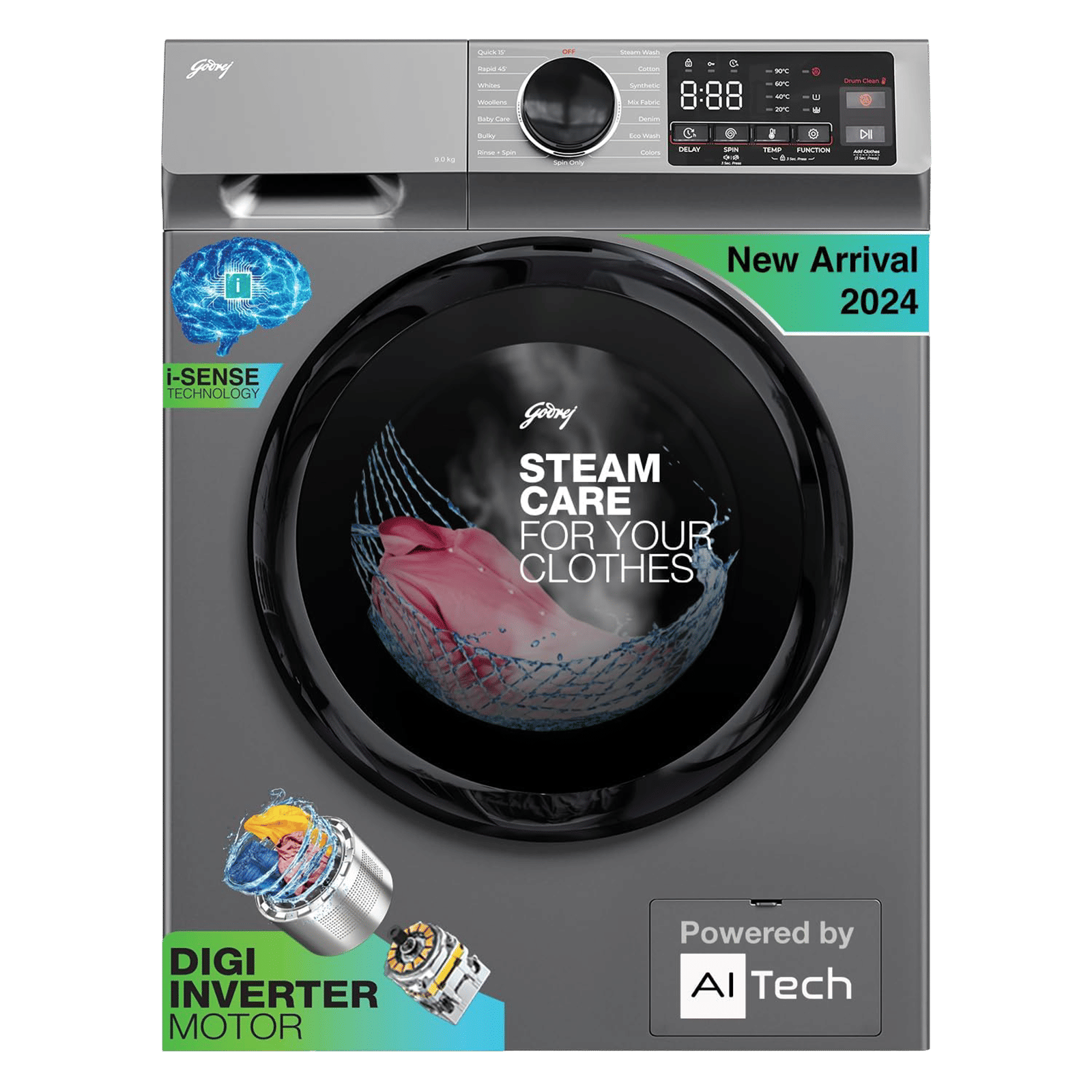 Godrej 8 kg 5 Star Fully Automatic Front Load Washing Machine (Eon Celesta, WFEON CEL 8014 IEBT SLSR, Built In Heater, Silver Stream)