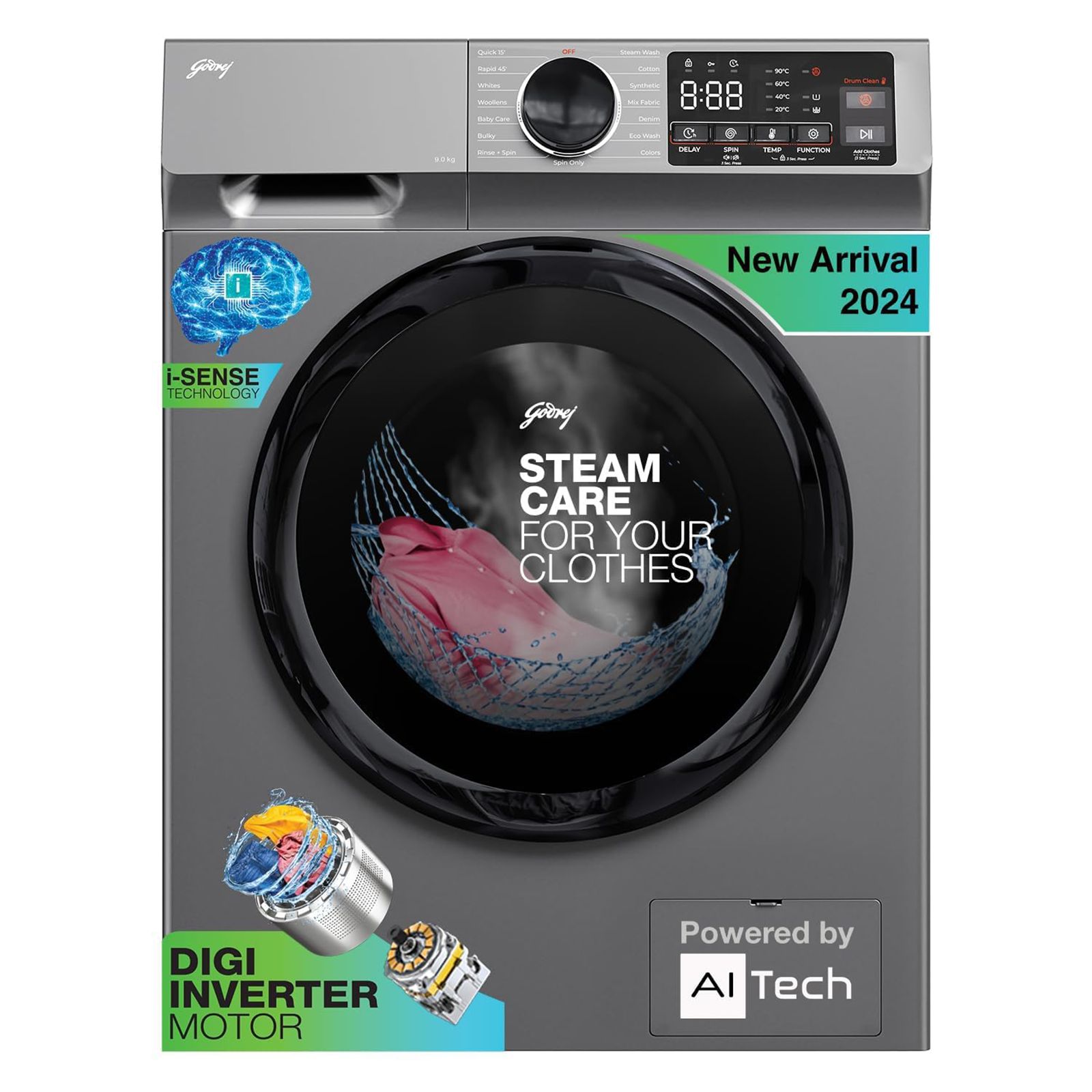Godrej 8 kg 5 Star Fully Automatic Front Load Washing Machine (Eon Celesta, WFEON CEL 8014 IEBT SLSR, Built In Heater, Silver Stream)