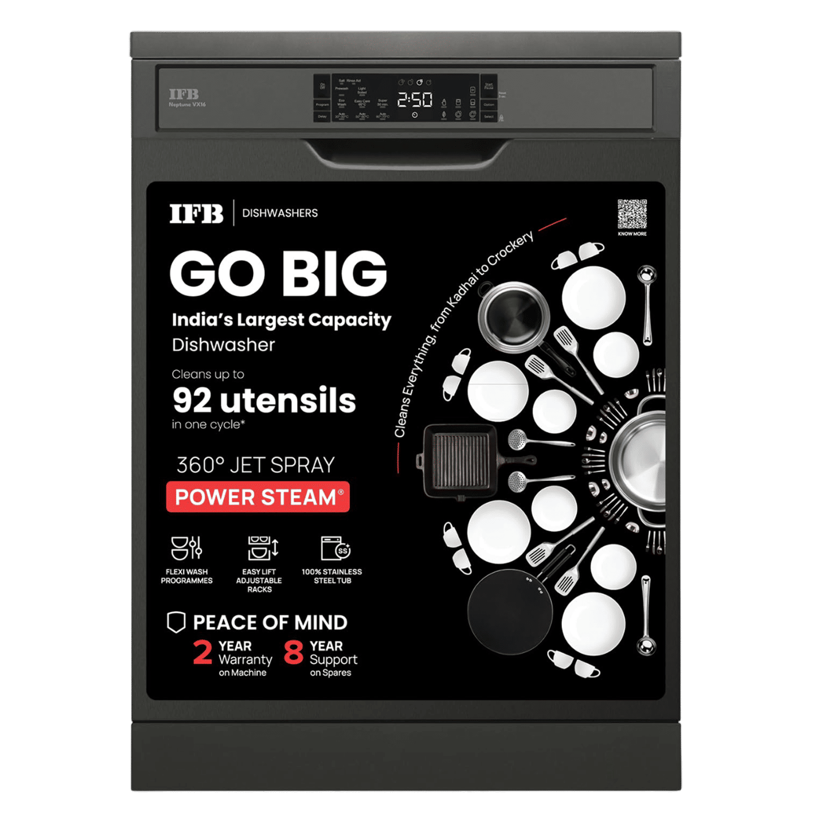 IFB Neptune VX16 16 Place Settings Free Standing Dishwasher with Ion Technology (No Pre-rinse Required, Inox Grey)