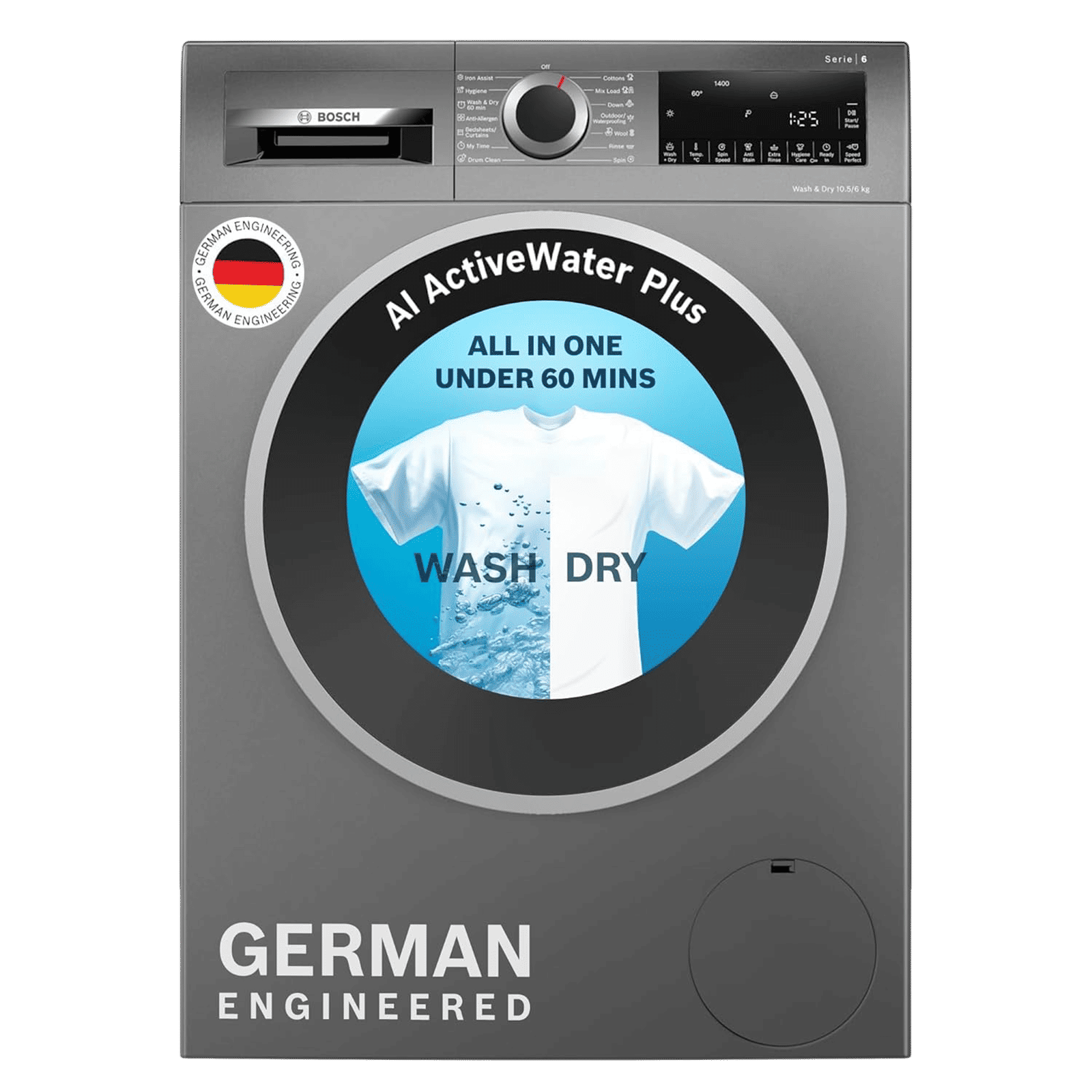 BOSCH 10.5/6 kg 5 Star Inverter Fully Automatic Front Load Washer Dryer (Series 6, WNA2E4UCIN, Inbuilt Heater, Grey)