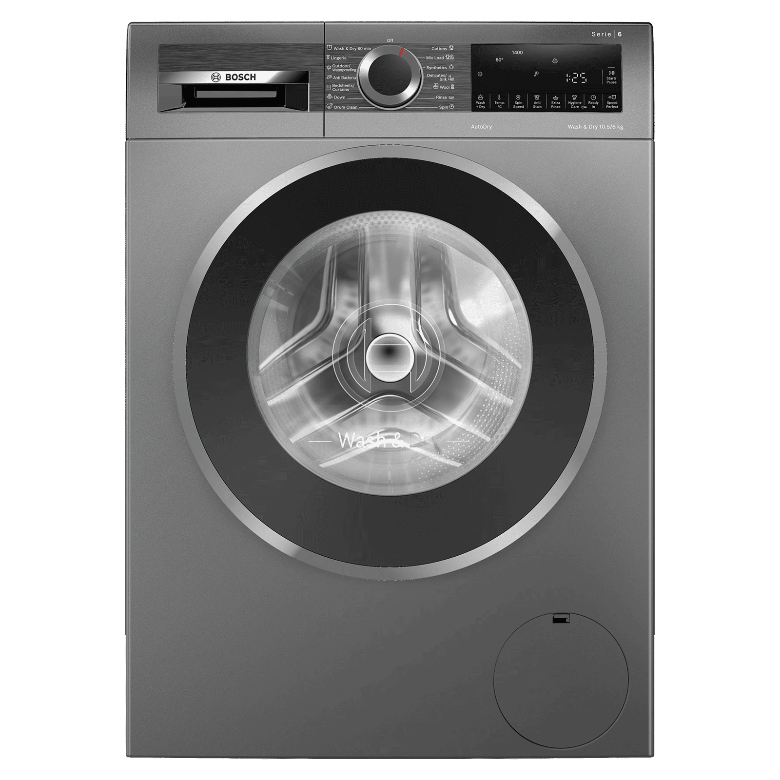 BOSCH 10.5/6 kg 5 Star Inverter Fully Automatic Front Load Washer Dryer (Series 6, WNA2E4UCIN, Inbuilt Heater, Grey)