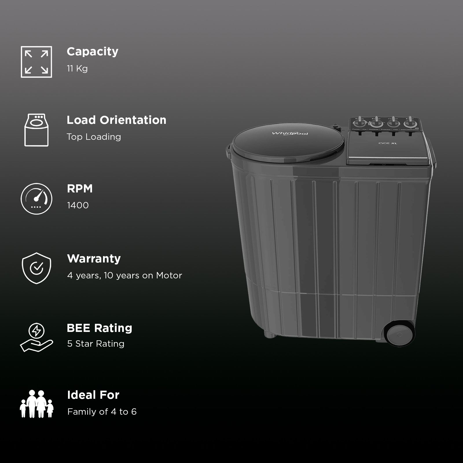 Whirlpool ACE XL 11 Graphite Grey (5YR)(Expect Dist.&E-Comm)