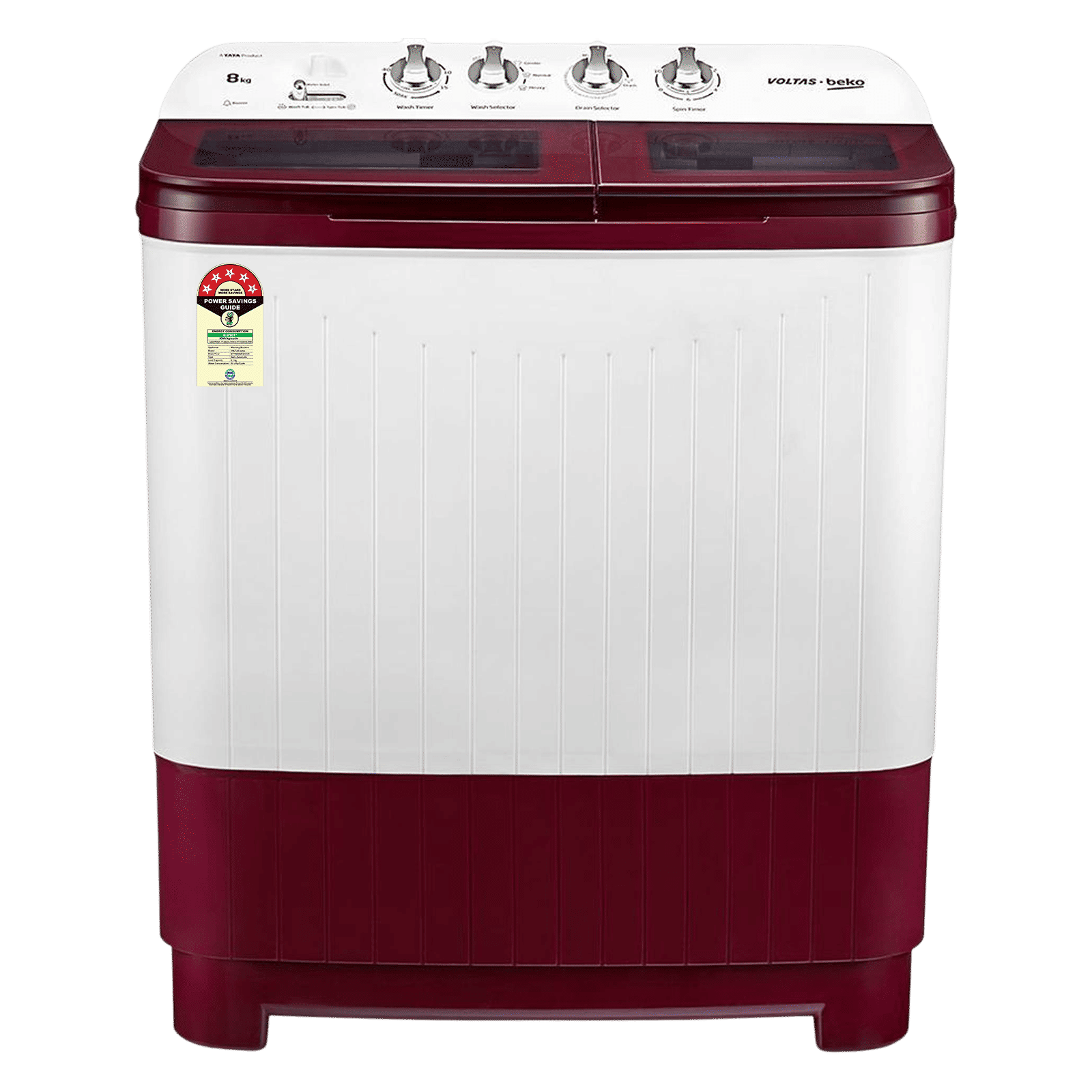 VOLTAS beko 8 kg 5 Star Semi Automatic Washing Machine with IPX4 Control Panel (WTT80DBRG, Burgundy)​