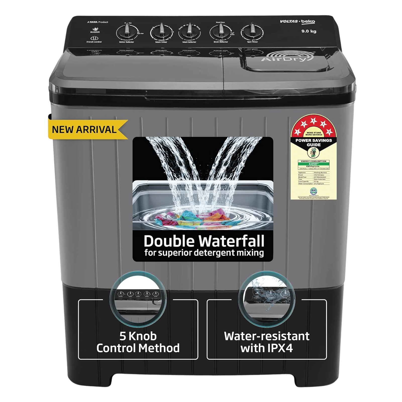 VOLTAS beko 9 kg 5 Star Semi Automatic Washing Machine with Double Waterfall Technology (WTT90UHA, Black)