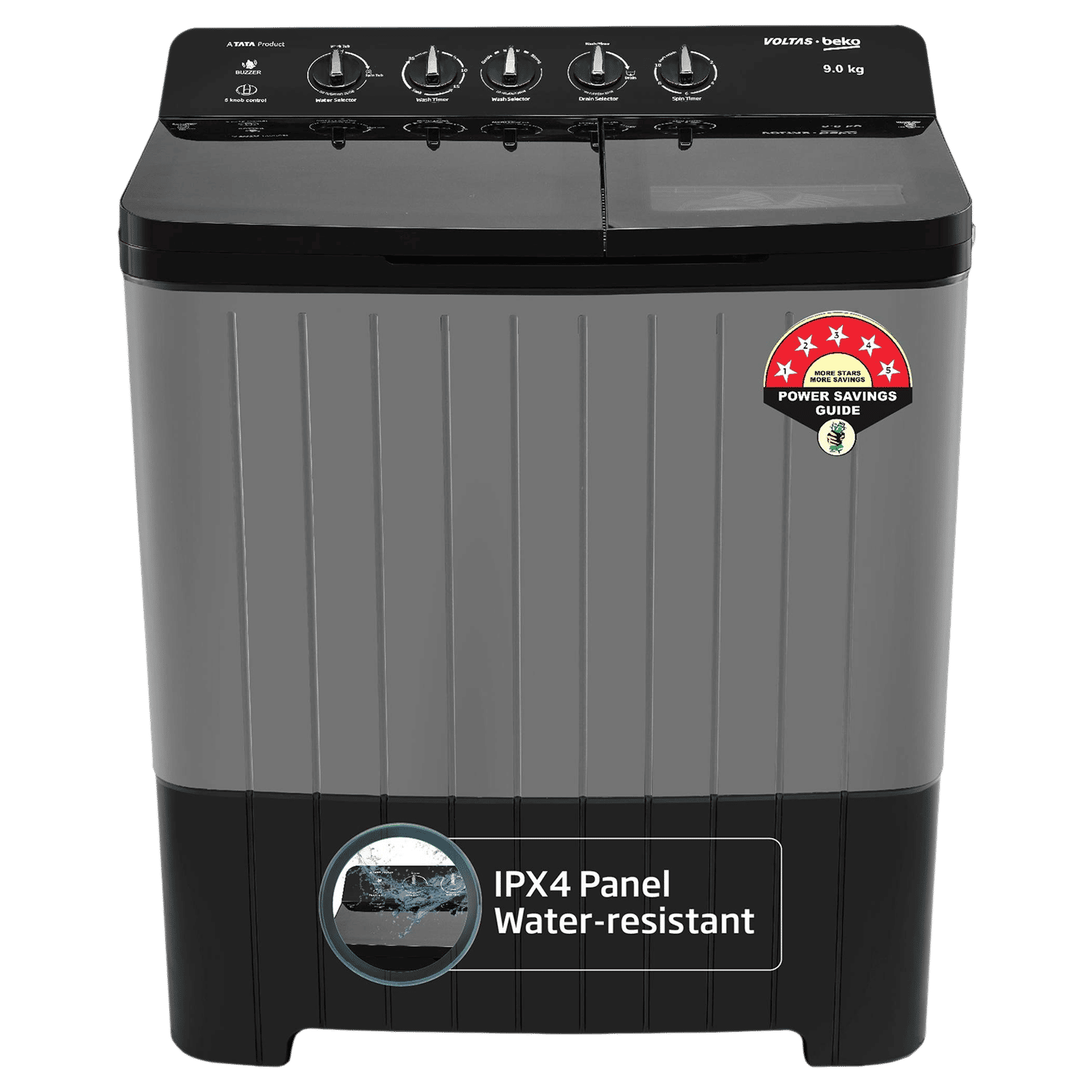 VOLTAS beko 9 kg 5 Star Semi Automatic Washing Machine with Double Waterfall Technology (WTT90UHA, Black)