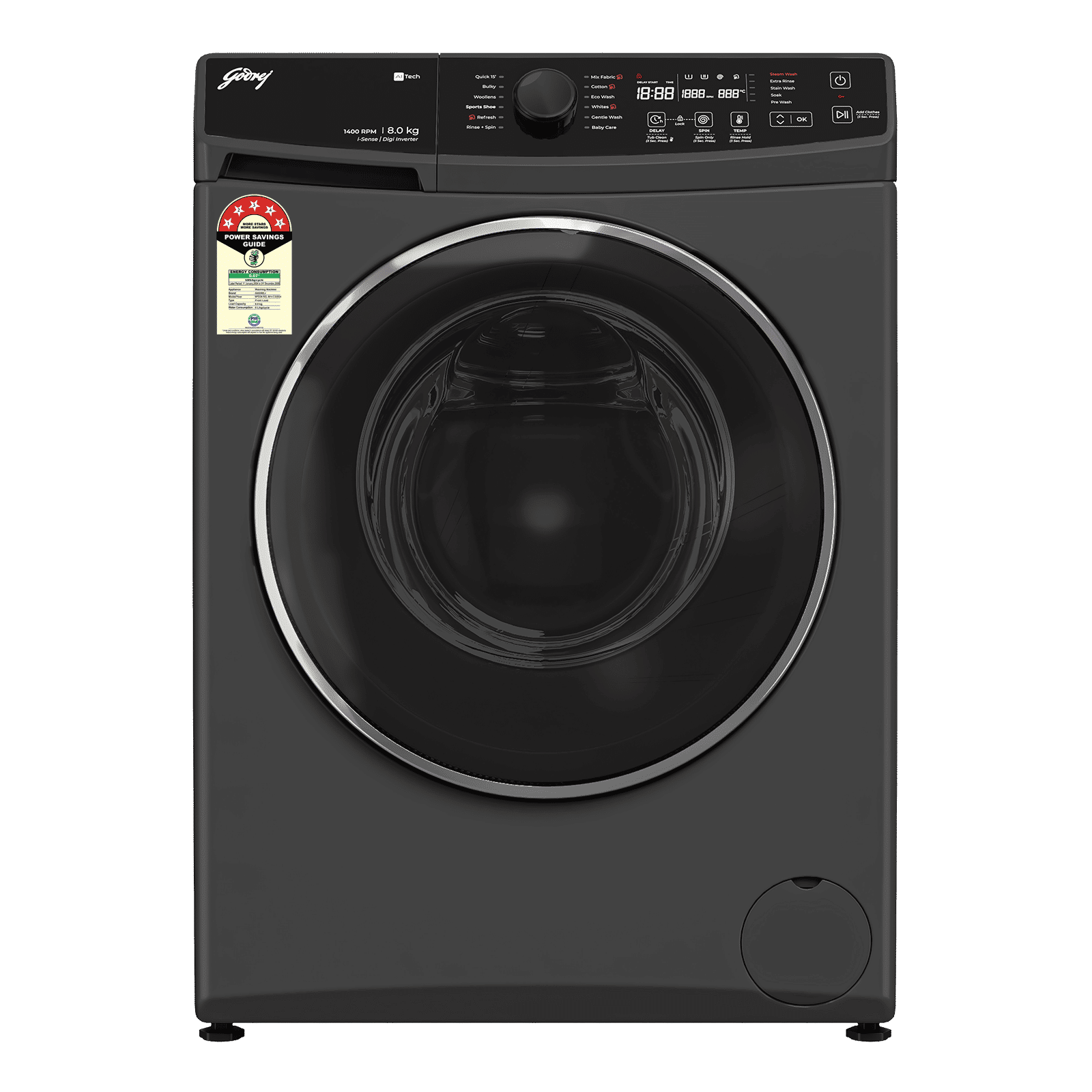 Godrej 8 kg 5 Star Fully Automatic Front Load Washing Machine (Regalis, Zero Pressure Technology, Metallic Black)