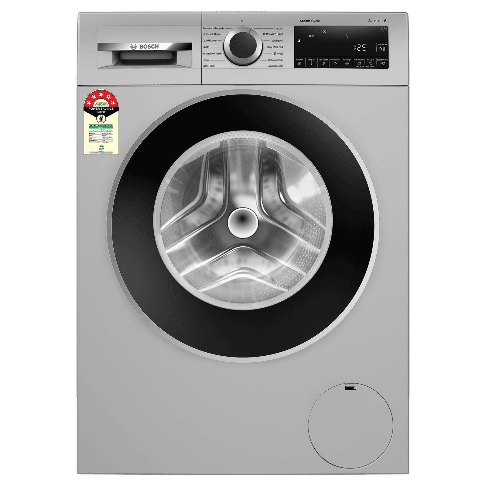 BOSCH 12 kg 5 Star Fully Automatic Front Load Washing Machine (Series 6, WGA2740SIN, EcoSilence Drive, Silver)