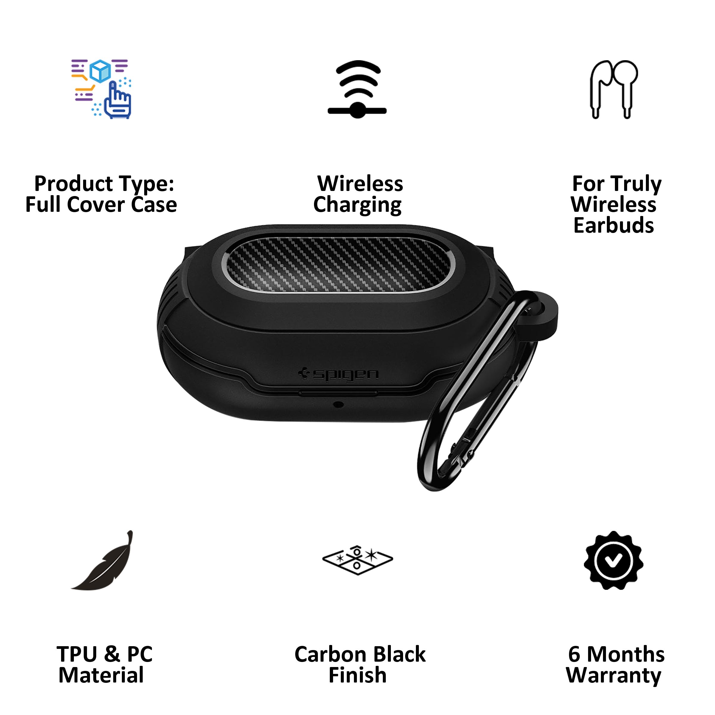 spigen Rugged Armor TPU PC Full Cover Case For Galaxy Buds+/Galaxy Buds  (Fully Compatible With Wireless Charging, ASD00993, Matte Black)