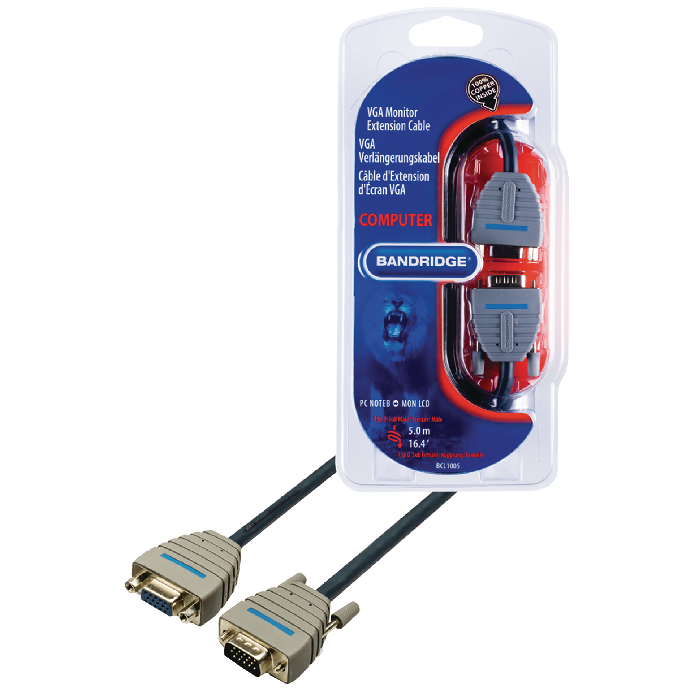 Bandridge BCL1005 PVC 5 Meter VGA to VGA Extension VGA Cable (High Resolution, Blue)