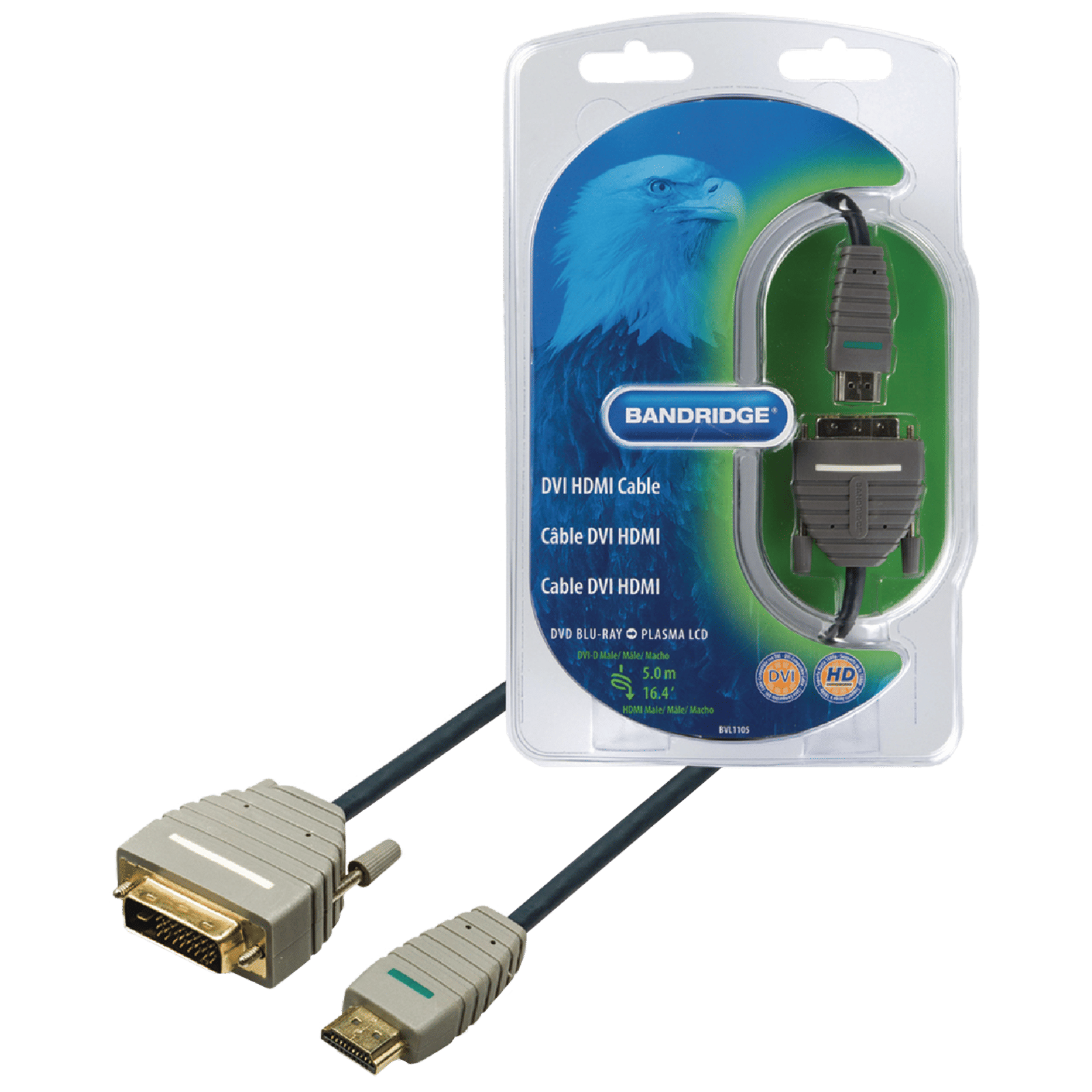 Bandridge BVL1105 5 Meter HDMI to DVI-D 24+1-Pin Audio & Video HDMI Cable/DVI Cable (Round Cable Design, Blue)