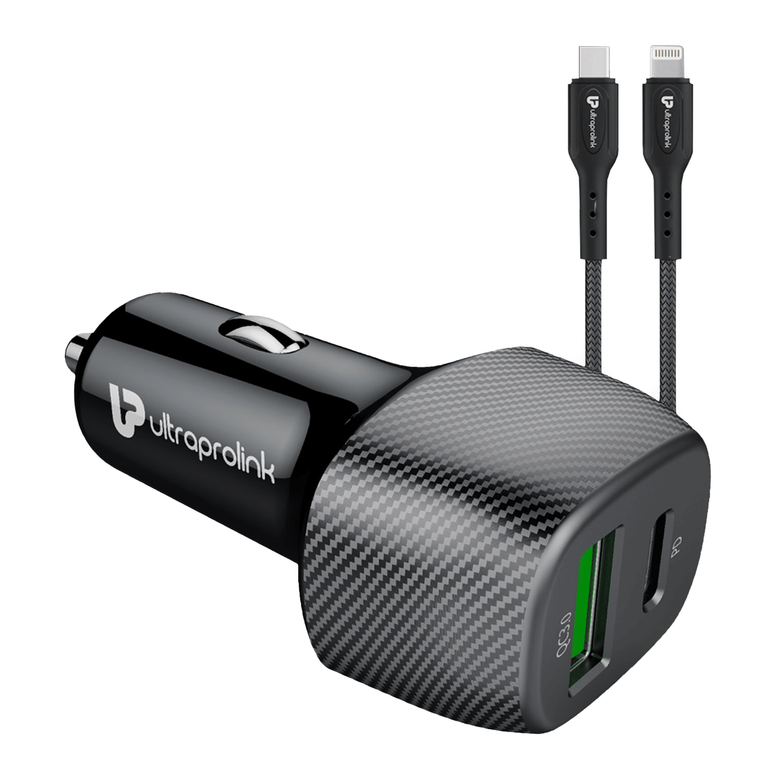 ultraprolink Mach 38W Type A & Type C 2-Port Car Charger (Type C to Lightning Cable, Qualcomm Quick Charge 3.0, Black)