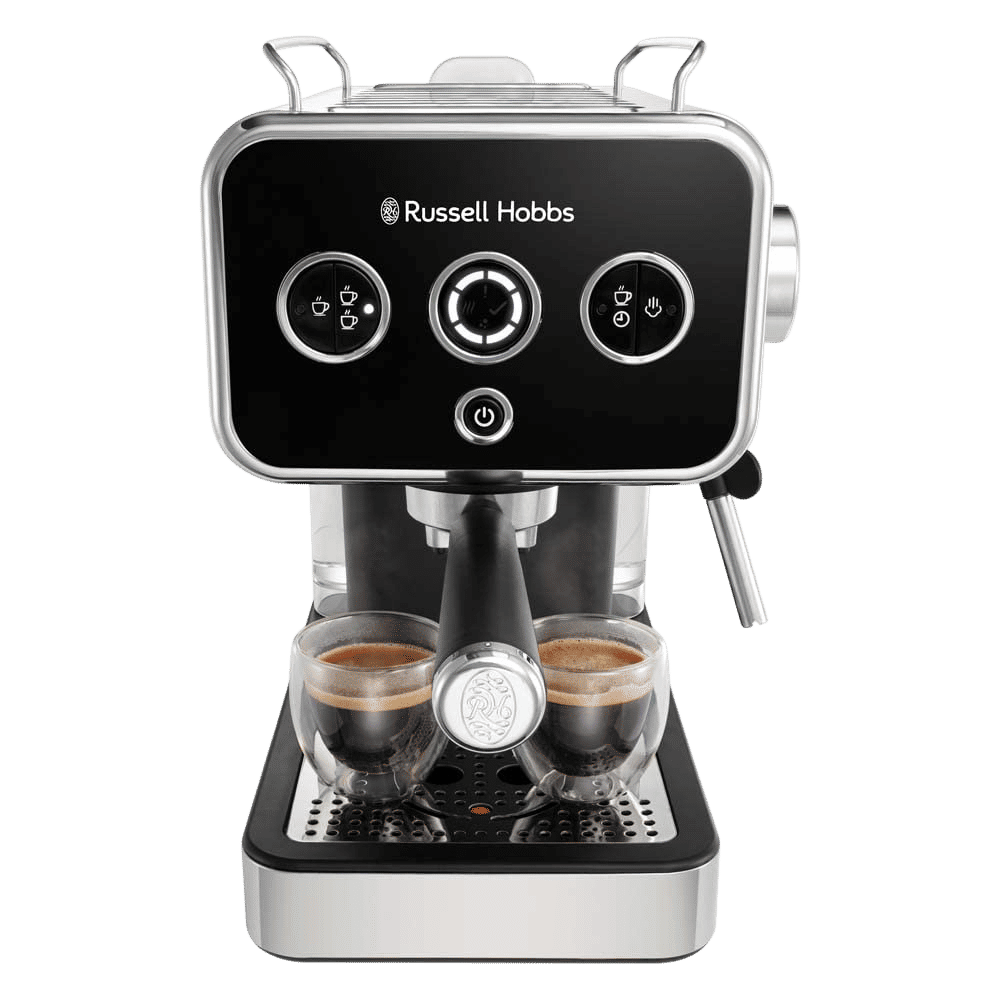 Russell Hobbs Distinctions 1350 Watt 2 Cups Semi Automatic Espresso Coffee Maker with Milk Frother Steam Wand (Black)