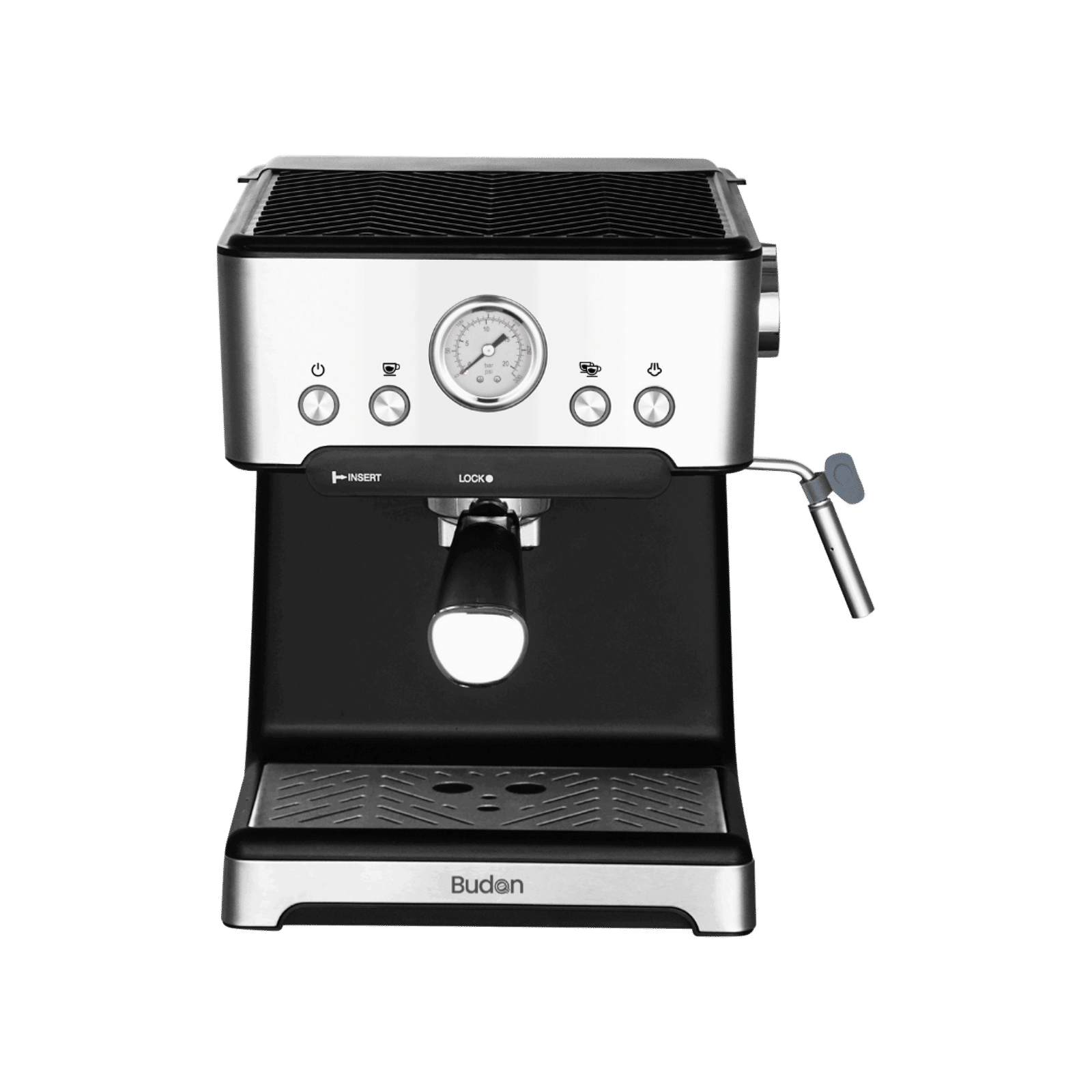 Budan BUD-Classic Semi-Automatic Coffee Maker with Pressure Gauge Indicator (Silver & Black)