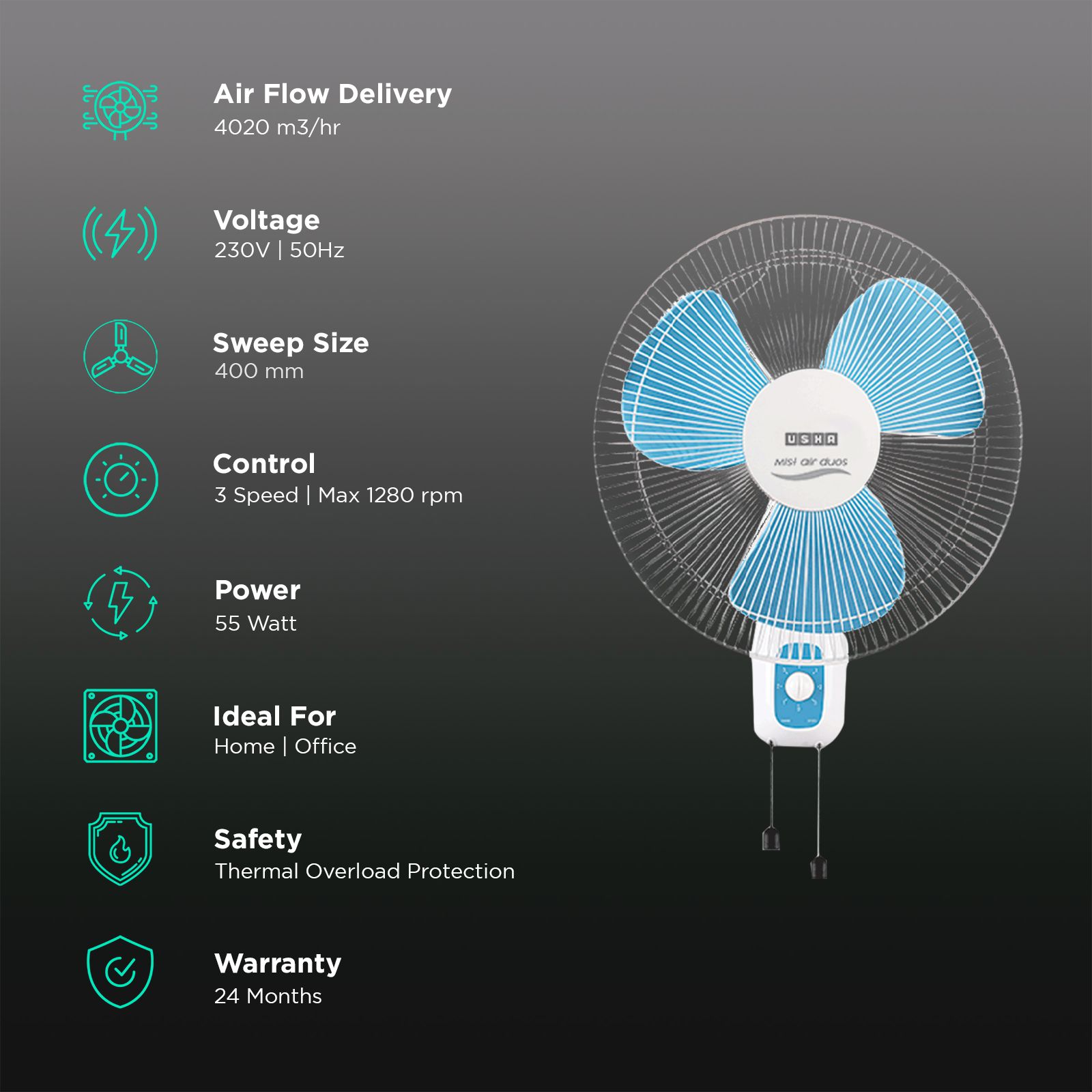 Usha WF 400MM Mist AIR Duos White