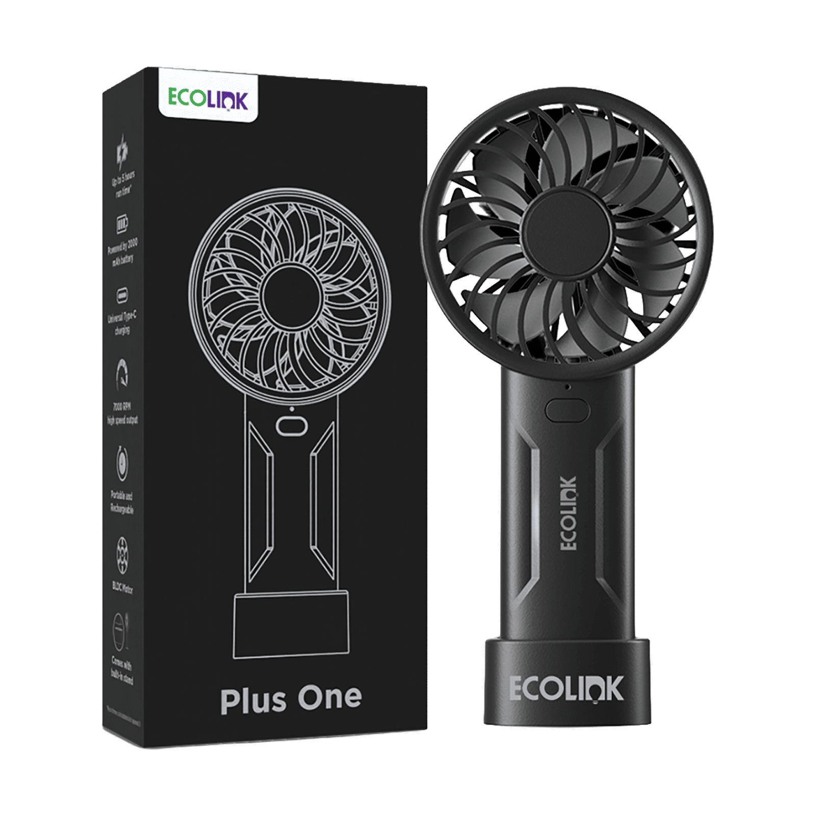 Ecolink Plus One 50mm 7 Blade Rechargeable Handheld Fan with 2000 mAh Battery (Portable, Black)