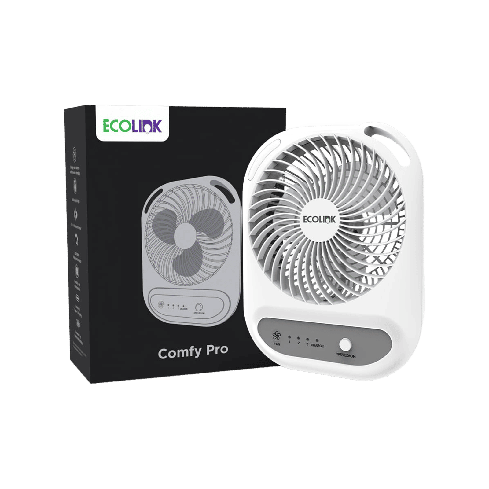 Ecolink Comfy Pro 150mm 3 Blade Rechargeable Personal Mini Fan with 3000 mAh Battery (Powerful Airflow, White & Grey)