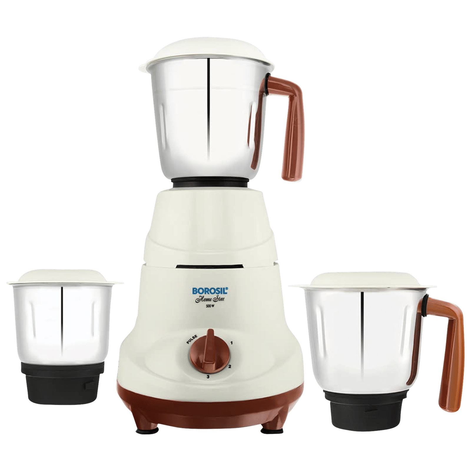 BOROSIL HomeStar 500 Watt 3 Jars Mixer Grinder (20000 RPM, 3 Speed Control with Pulse Function, White & Maroon)