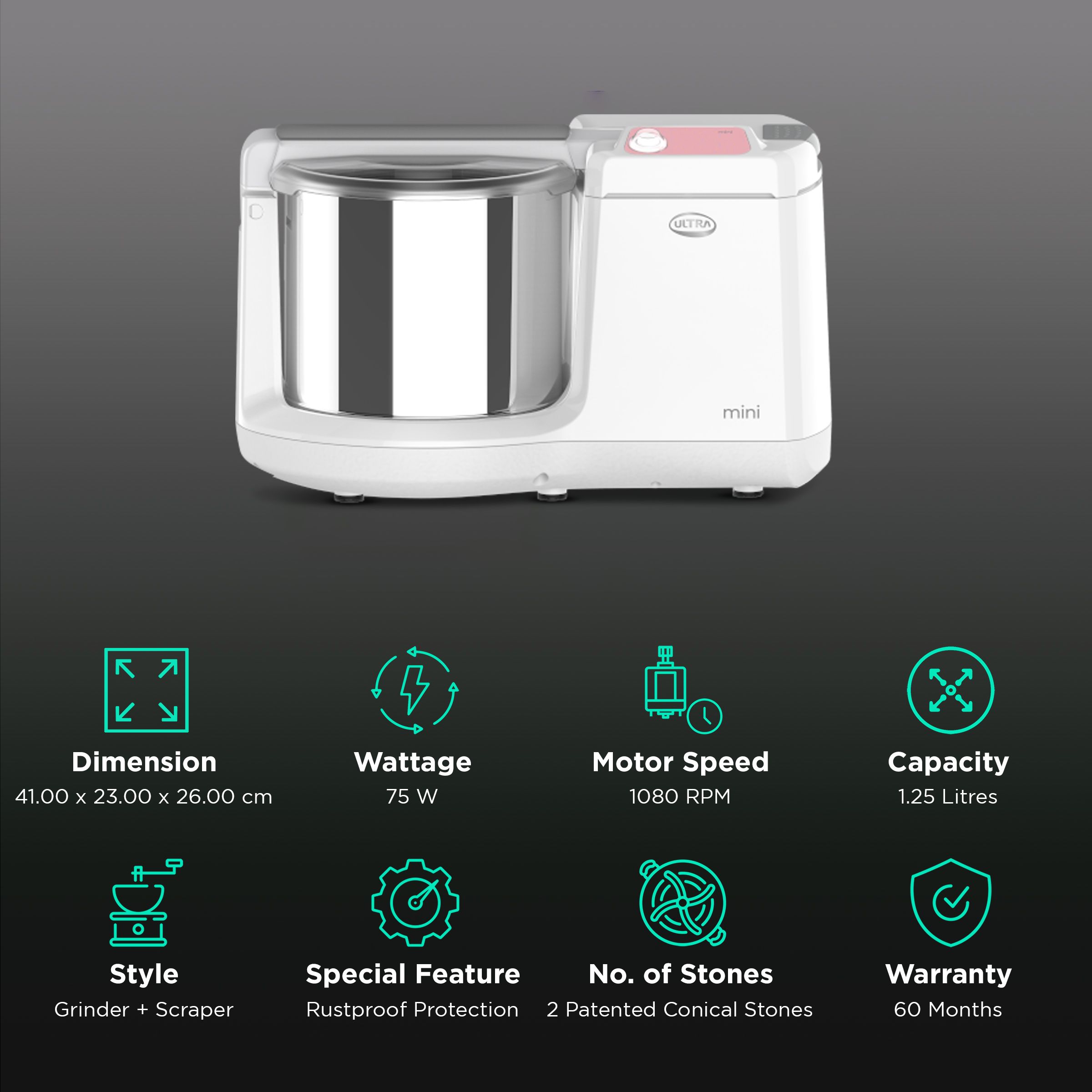 ULTRA Mini Table Top 1.25L Wet Grinder with Atta Kneader, 110-volt (New Model), white, 1.25-Liter Elgi Ultra Dura+ Table Top Wet Grinder, 1.25 Liter -