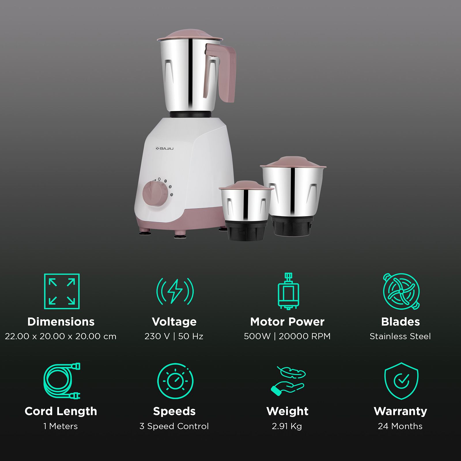 Bajaj Ninja Series PowerGrind+ 1000W Glacier White Mixer Grinder