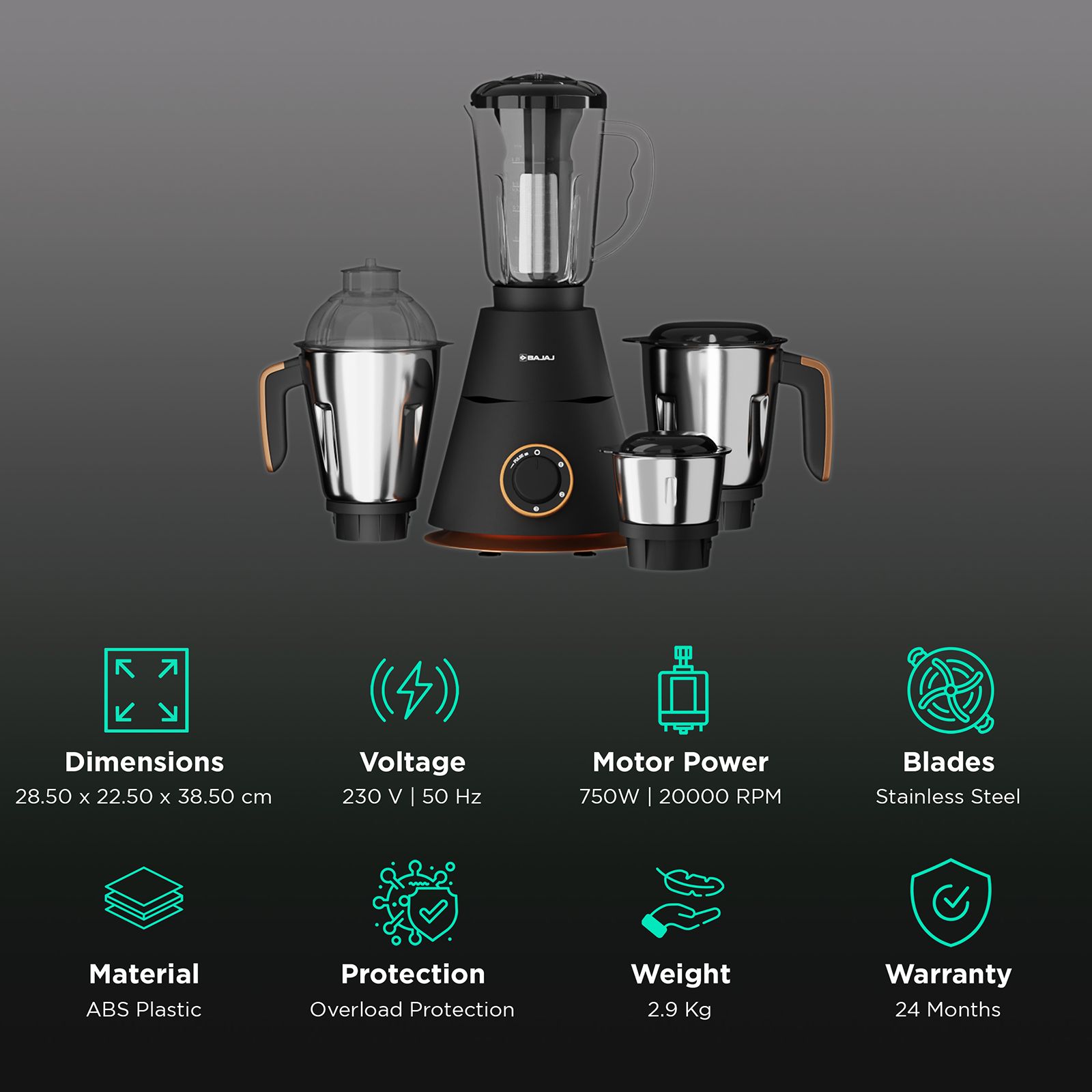 Bajaj Ninja Series Virtue 4 Jar 750W Black Mixer Grinder