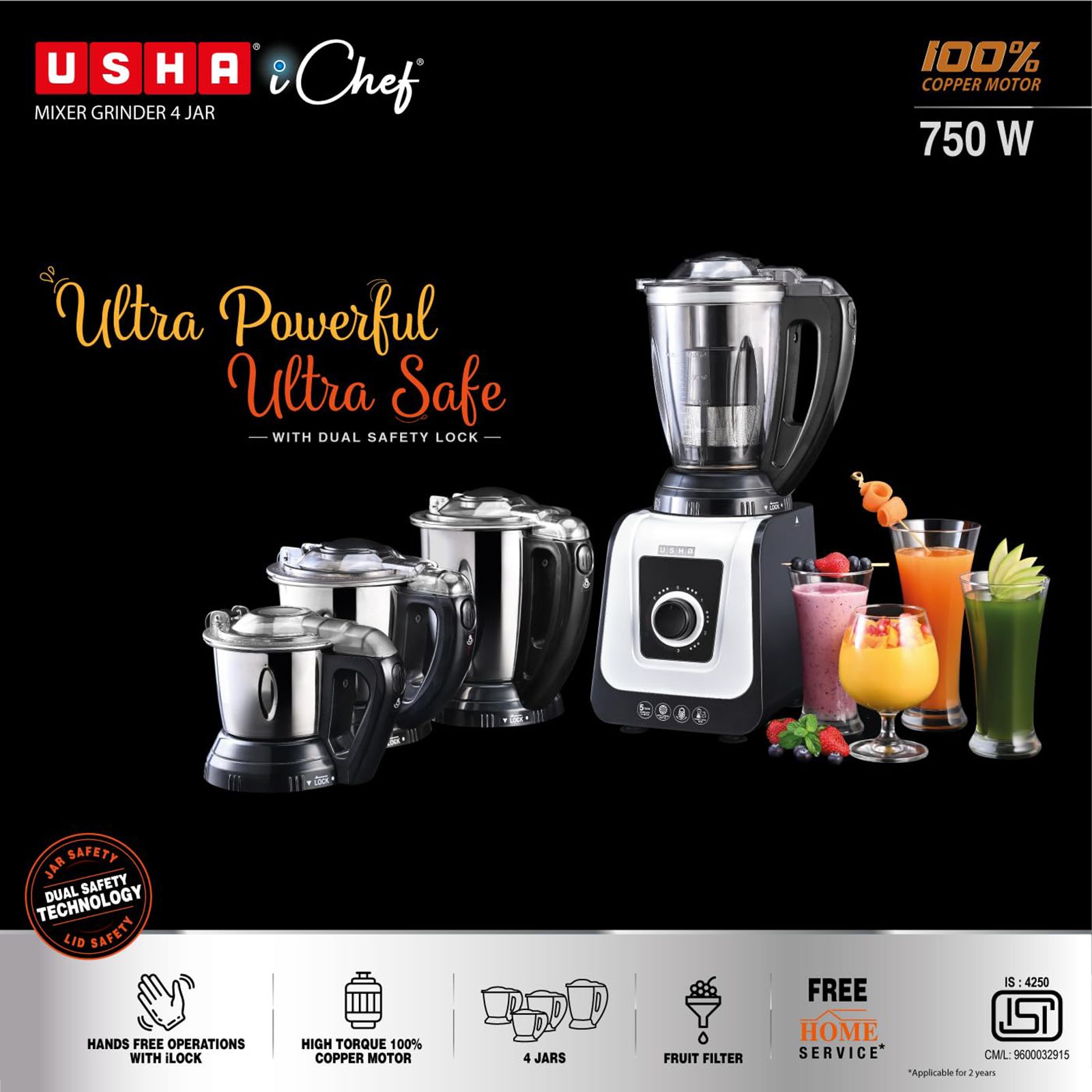 Usha Ichef Mixer Grinder 4J 750W RED-BLACK