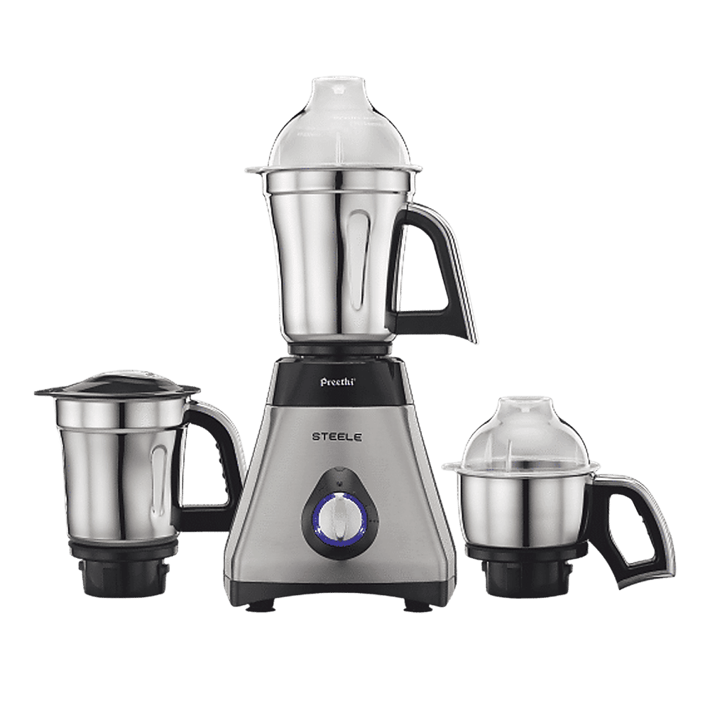 Preethi Steele MG 206 550 Watt 3 Jars Mixer Grinder (18500 RPM, Turbo Vent Technology, Grey)