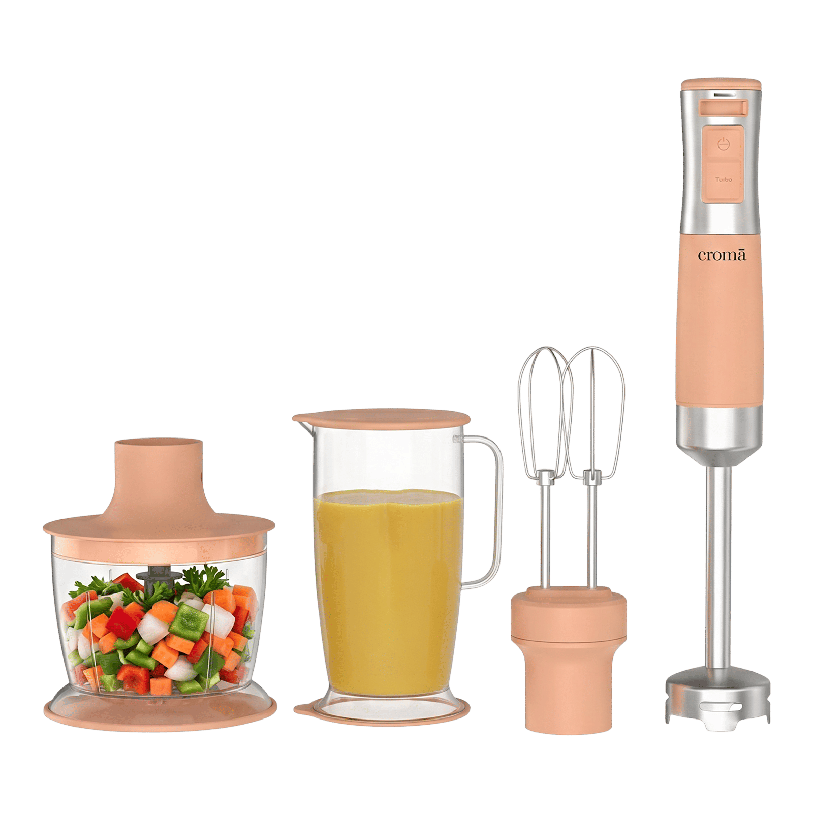 Croma AK5705 600 Watt Hand Blender with 3 Attachments (Speed Selector, Peach)