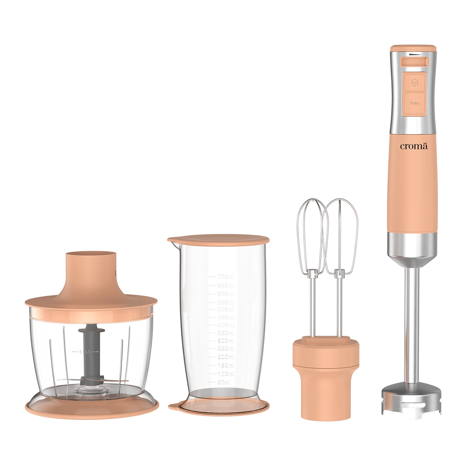 Croma AK5705 600 Watt Hand Blender with 3 Attachments (Speed Selector, Peach)