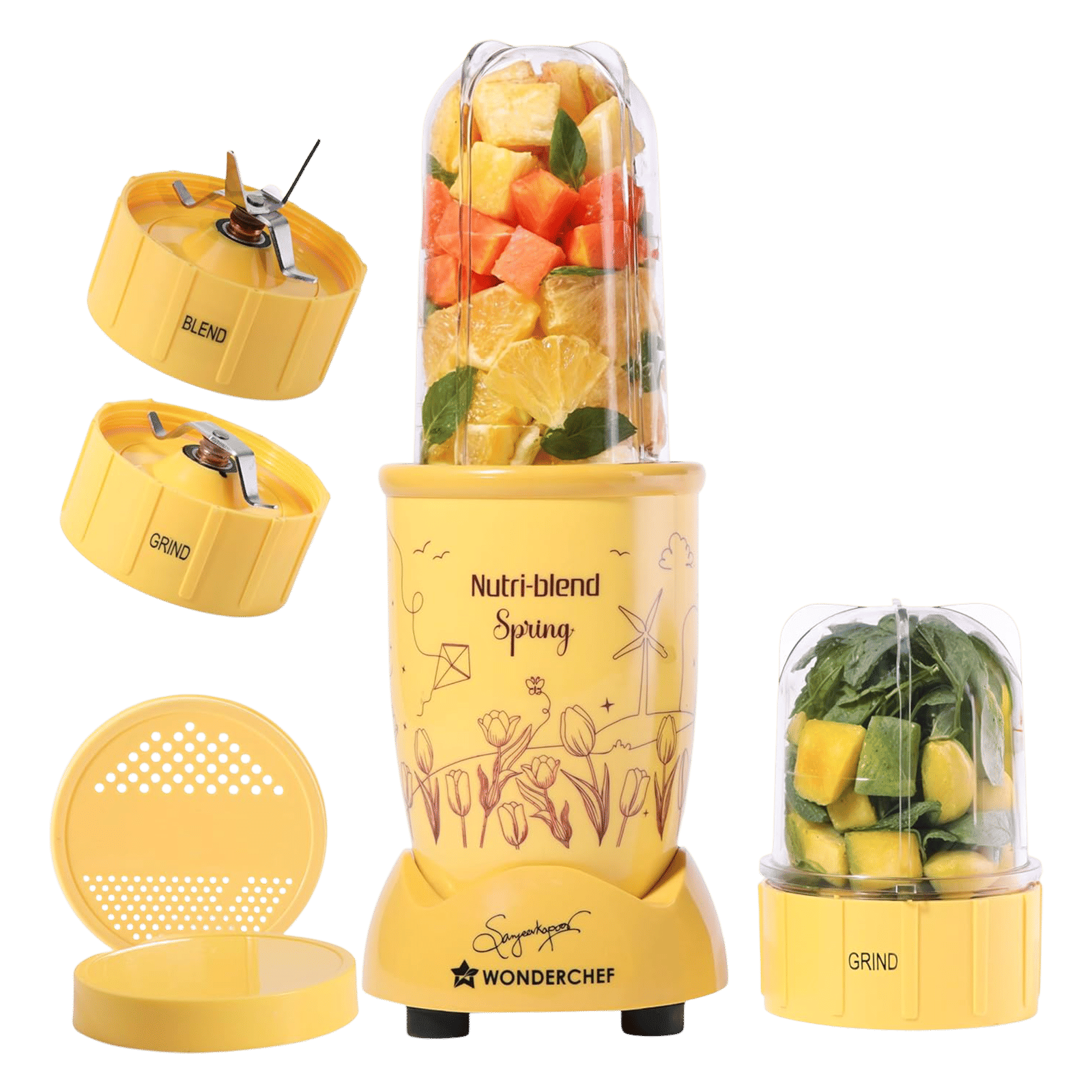 WONDERCHEF Nutri-blend Spring 500 Watt 2 Jars Mixer Grinder Blender (22000 RPM, 100% Copper Motor, Yellow)