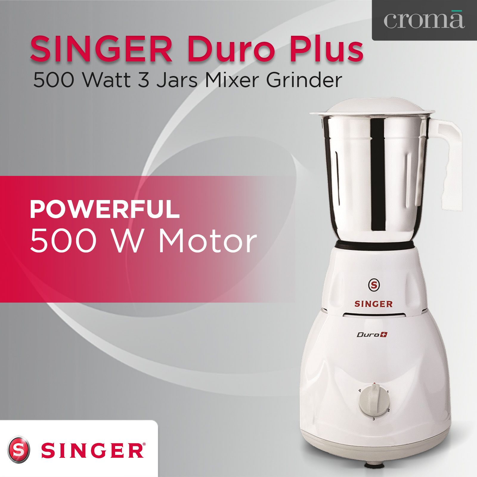 SINGER Duro Plus 500 Watt Jars Mixer Grinder (3 Speed Control with Pulse  Function, White)