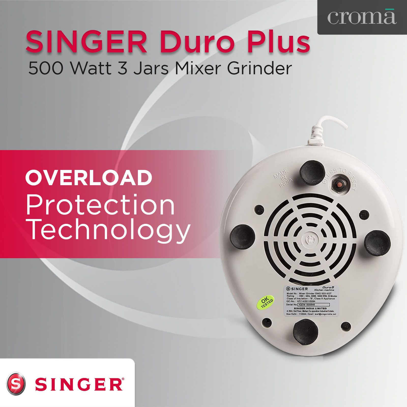 Buy Singer Duro Plus 500 Watt Jars Mixer Grinder (3 Speed