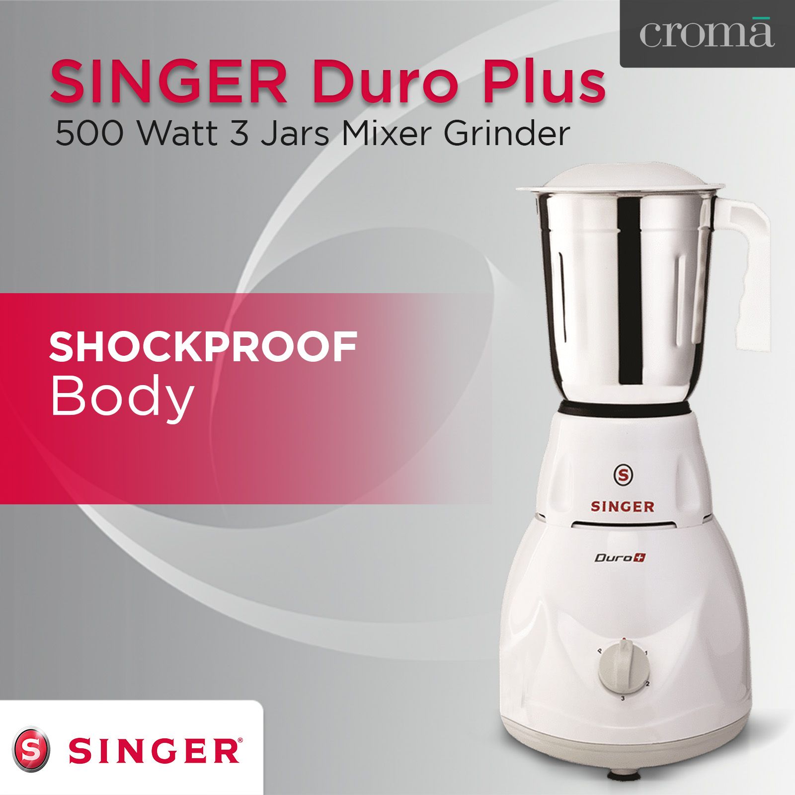 SINGER Duro Plus 500 Watt Jars Mixer Grinder (3 Speed Control with Pulse  Function, White)
