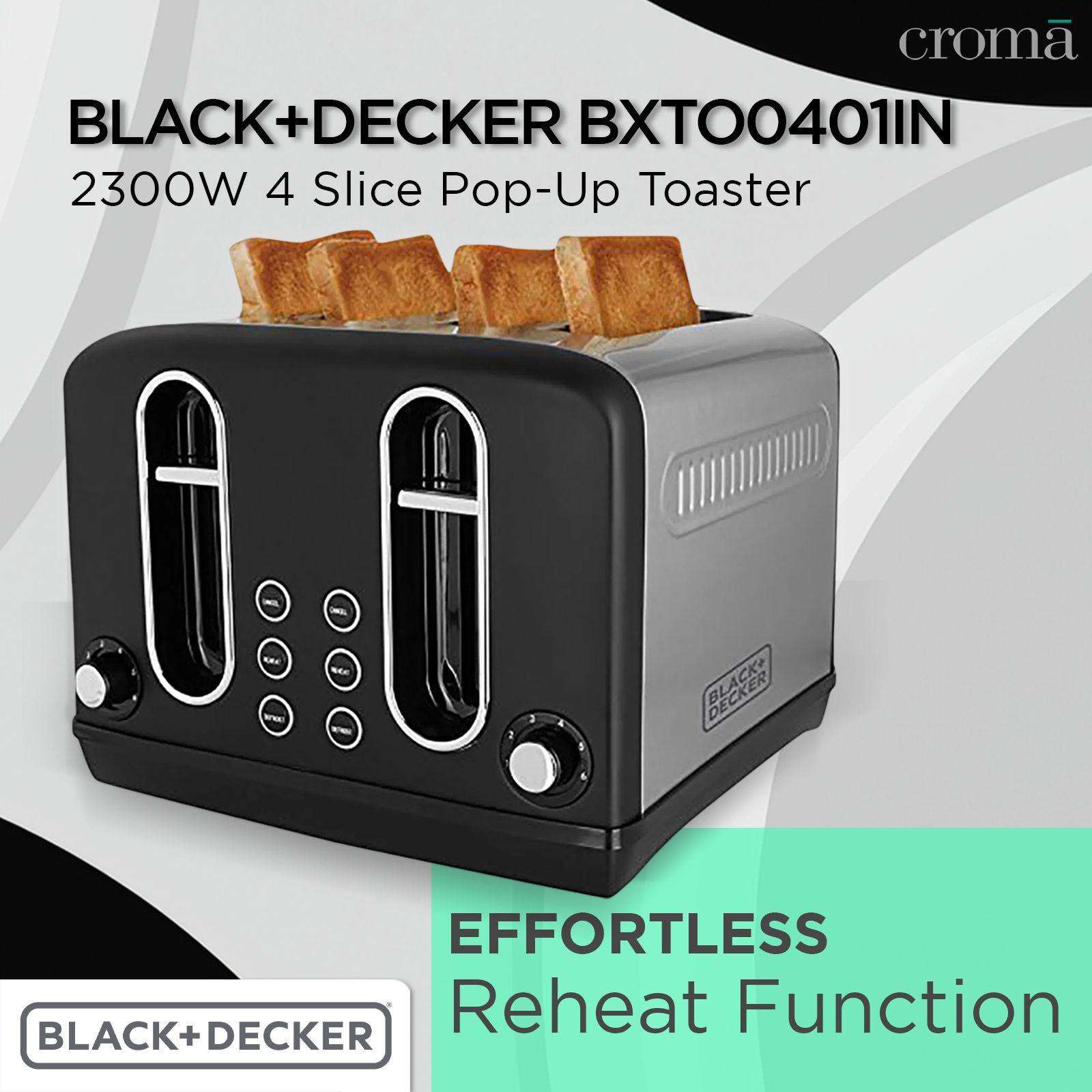 BLACK+DECKER BXTO0401IN 2300W Slice Pop-Up Toaster with Cool Touch Handle  (Grey)